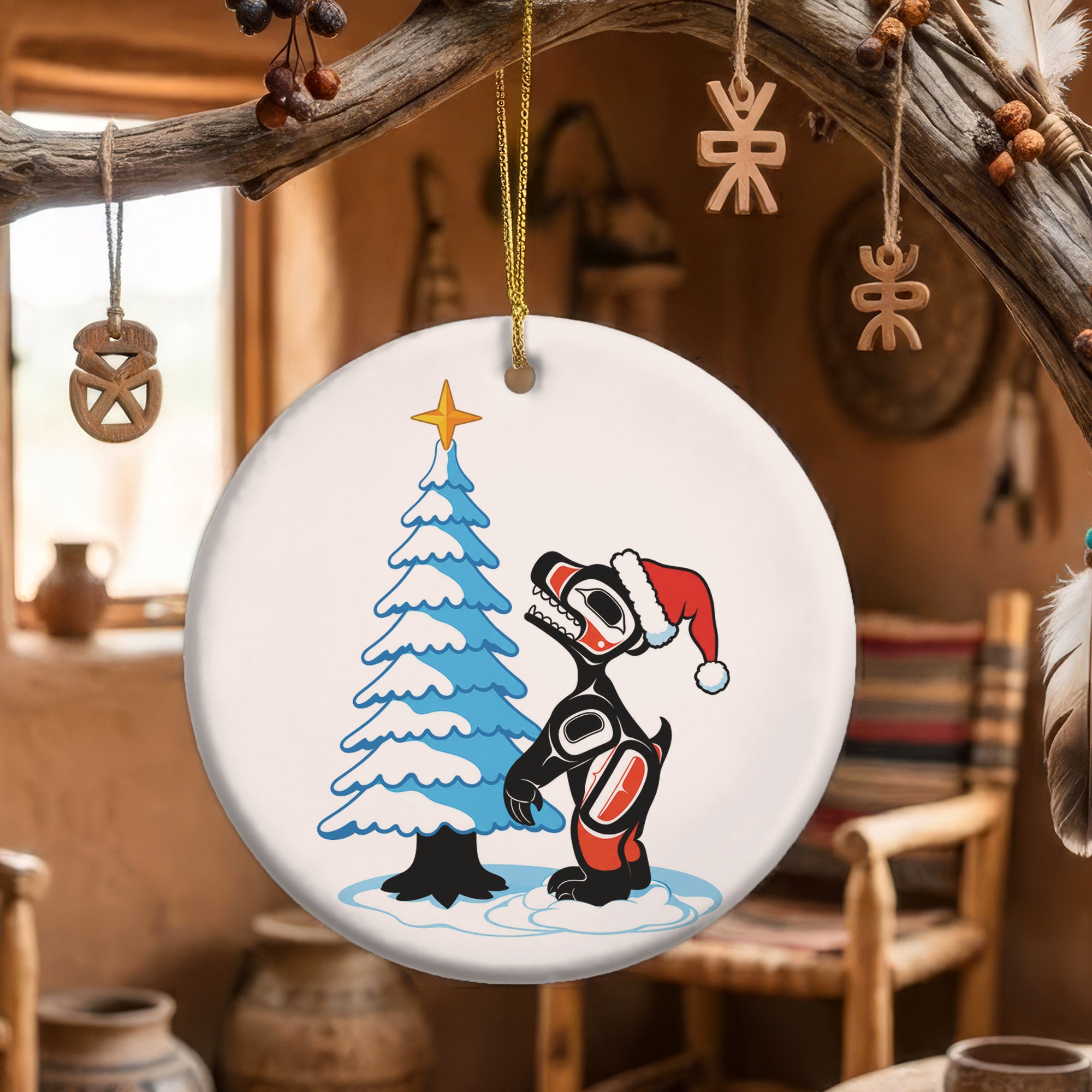 Native Tribal Bear and Tree Christmas Ceramic Ornament - Indigenous Art Decor