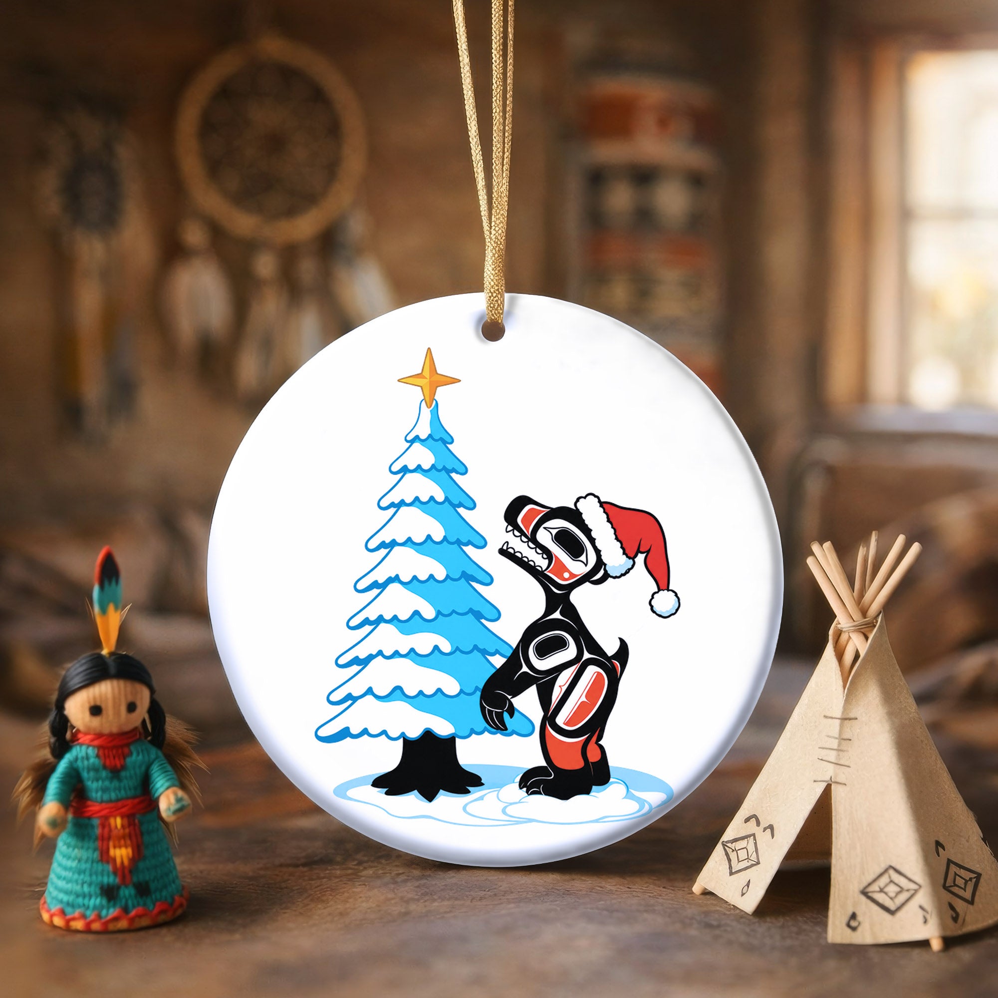 Native Tribal Bear and Tree Christmas Ceramic Ornament - Indigenous Art Decor