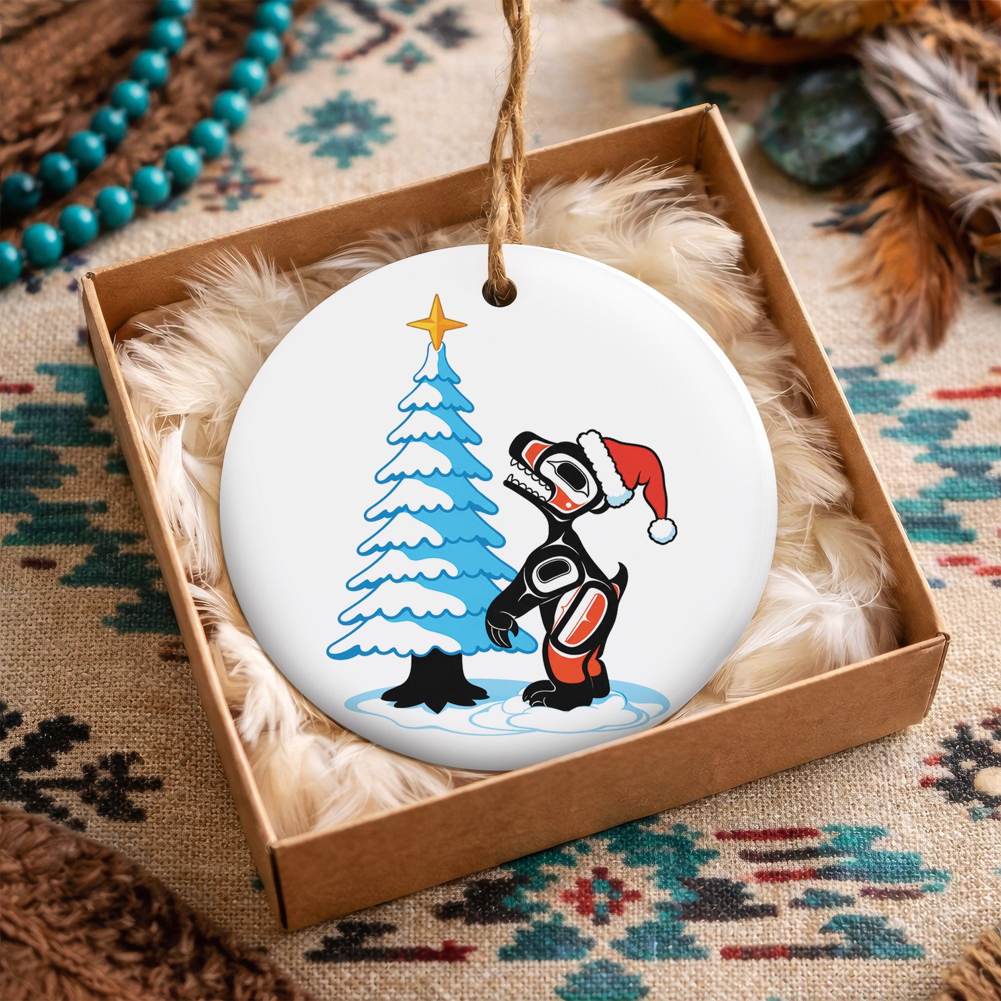 Native Tribal Bear and Tree Christmas Ceramic Ornament - Indigenous Art Decor