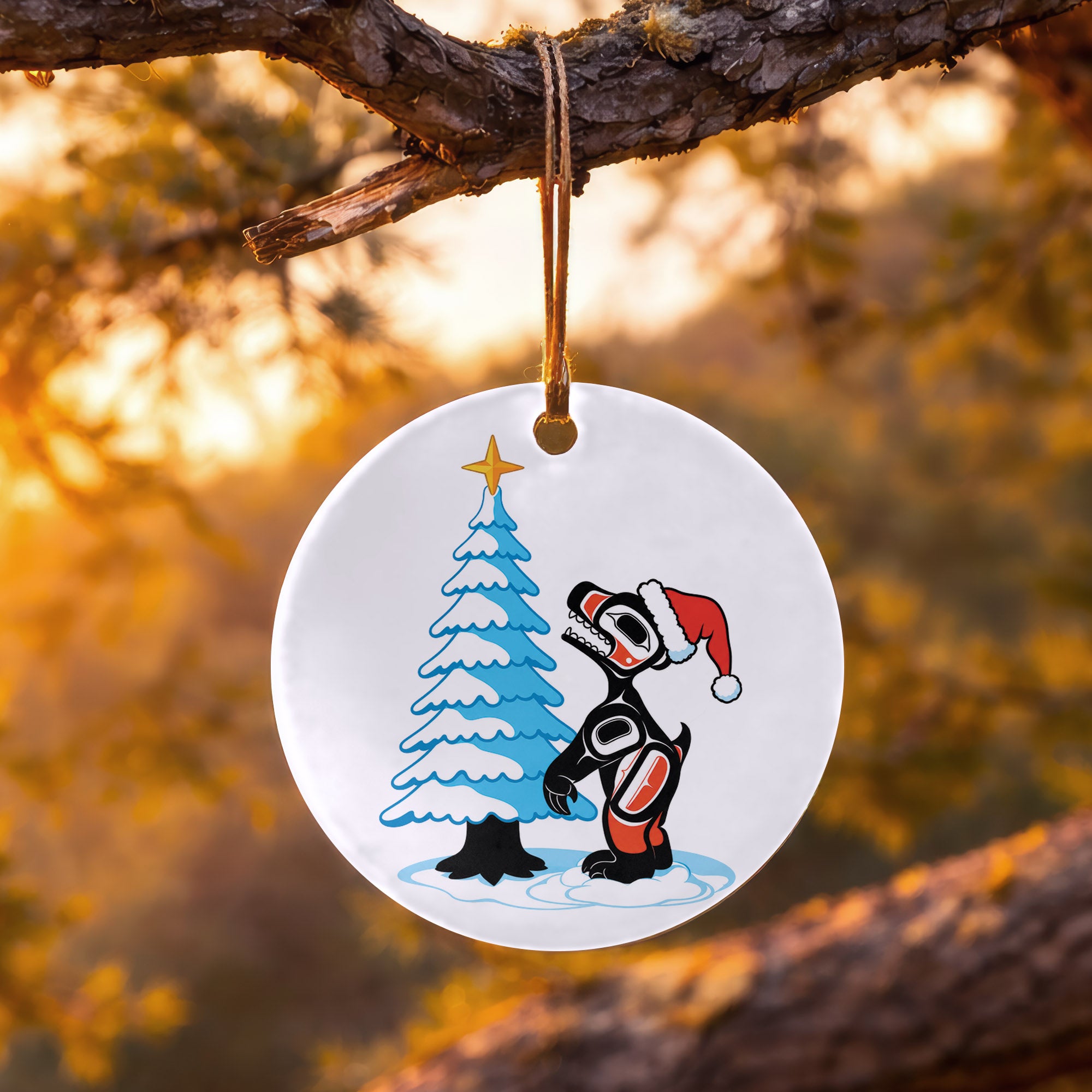 Native Tribal Bear and Tree Christmas Ceramic Ornament - Indigenous Art Decor
