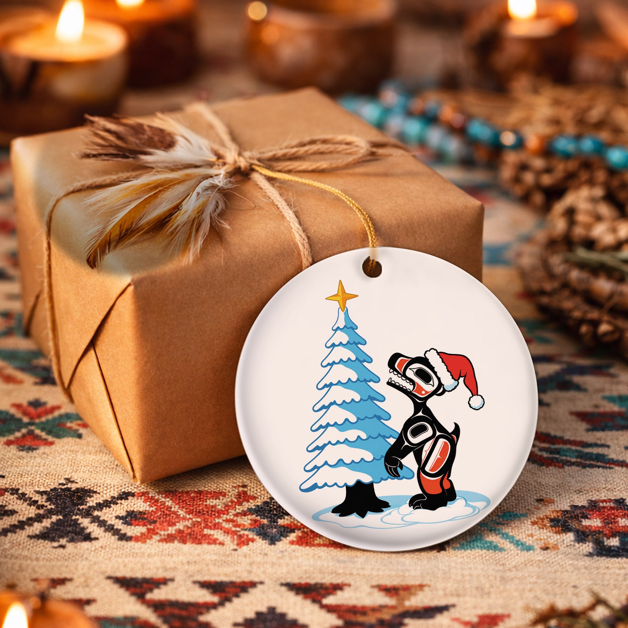 Native Tribal Bear and Tree Christmas Ceramic Ornament - Indigenous Art Decor