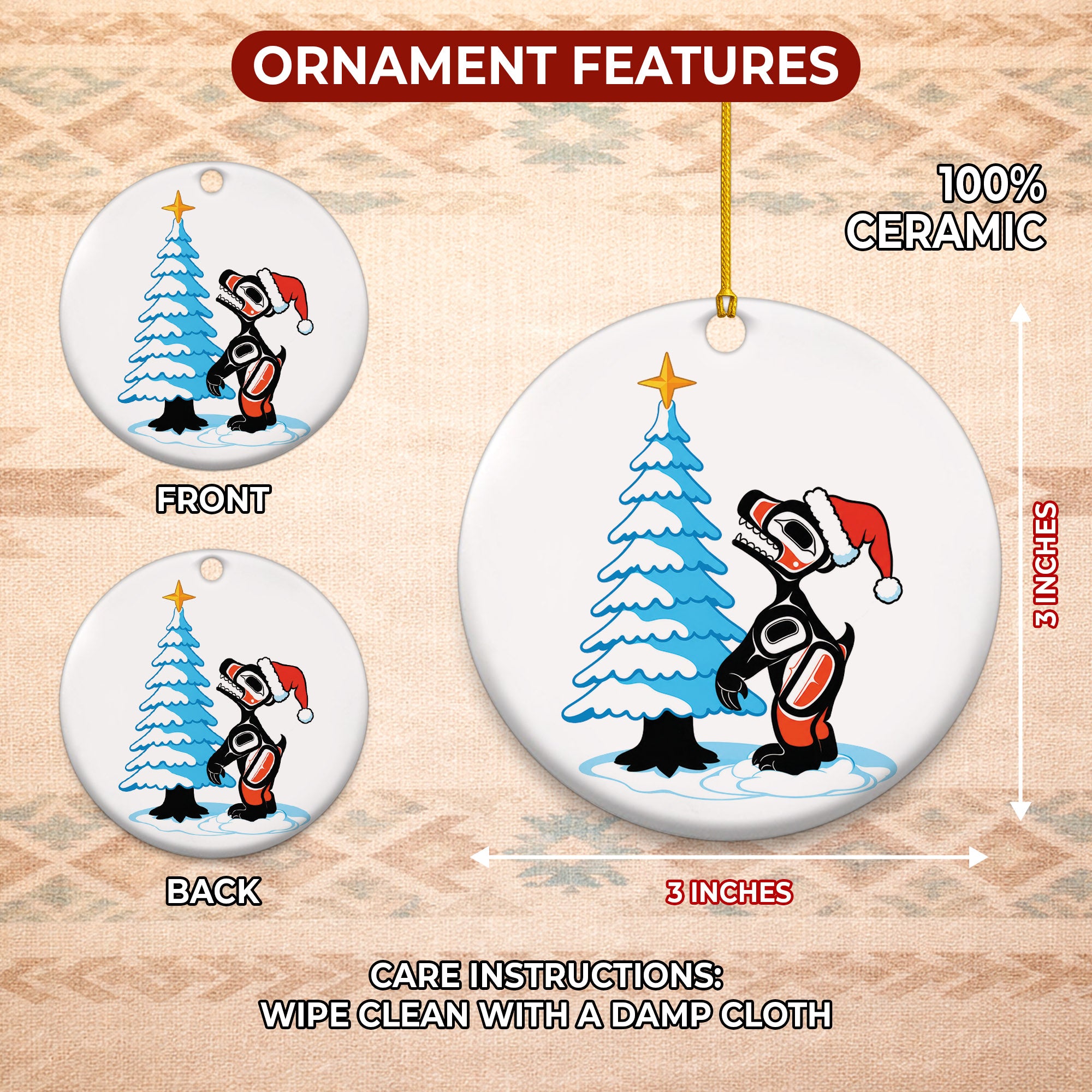Native Tribal Bear and Tree Christmas Ceramic Ornament - Indigenous Art Decor