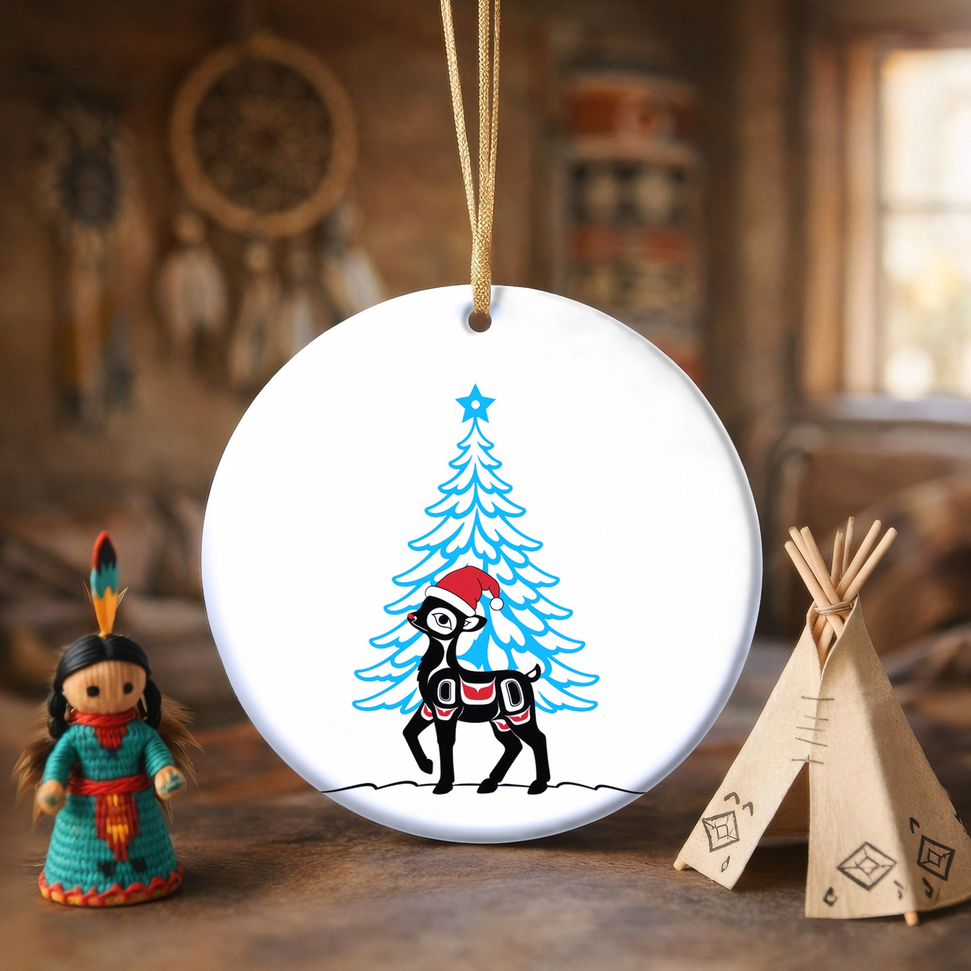 Deer Santa Native Tribal Ceramic Ornament - Indigenous Art Decor