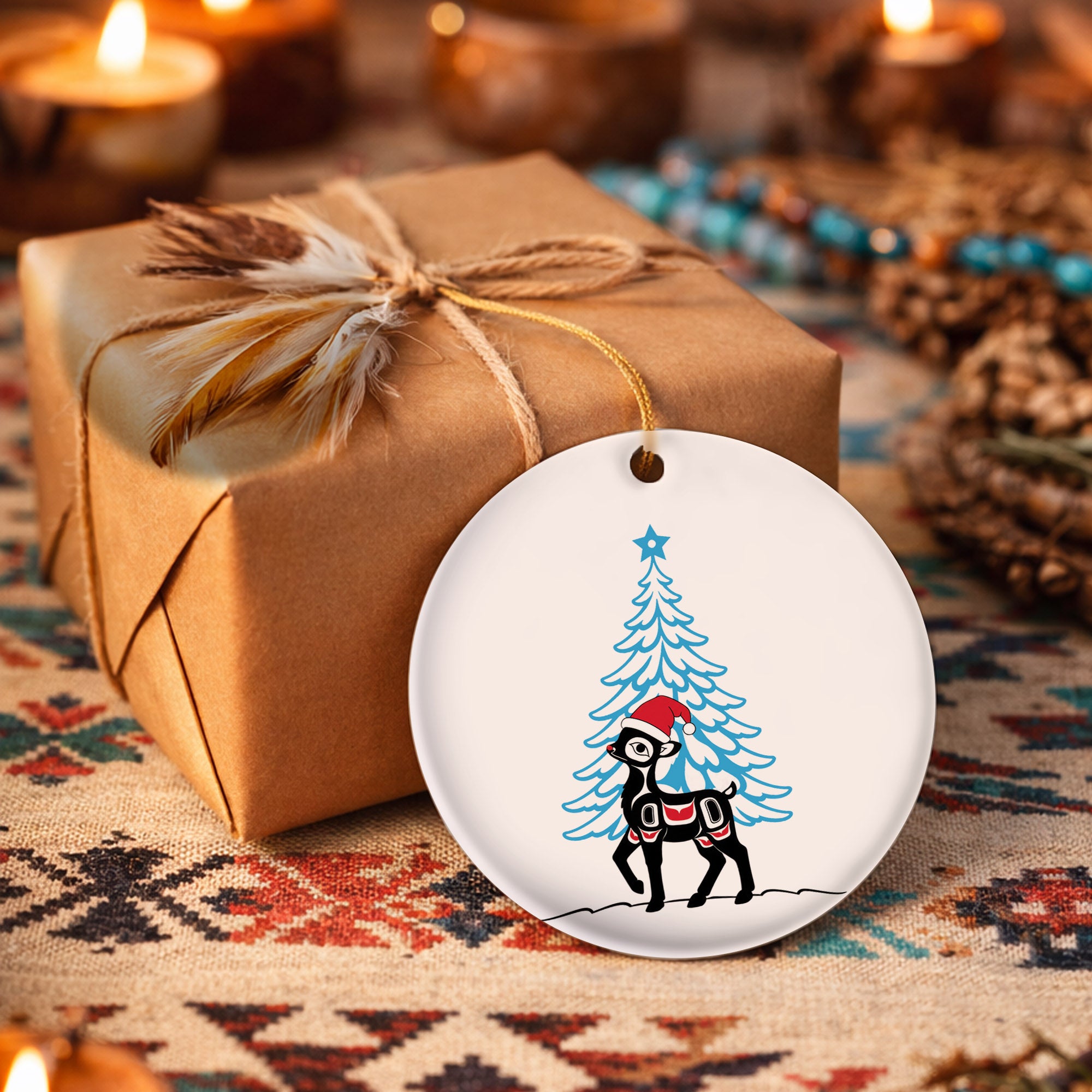 Deer Santa Native Tribal Ceramic Ornament - Indigenous Art Decor