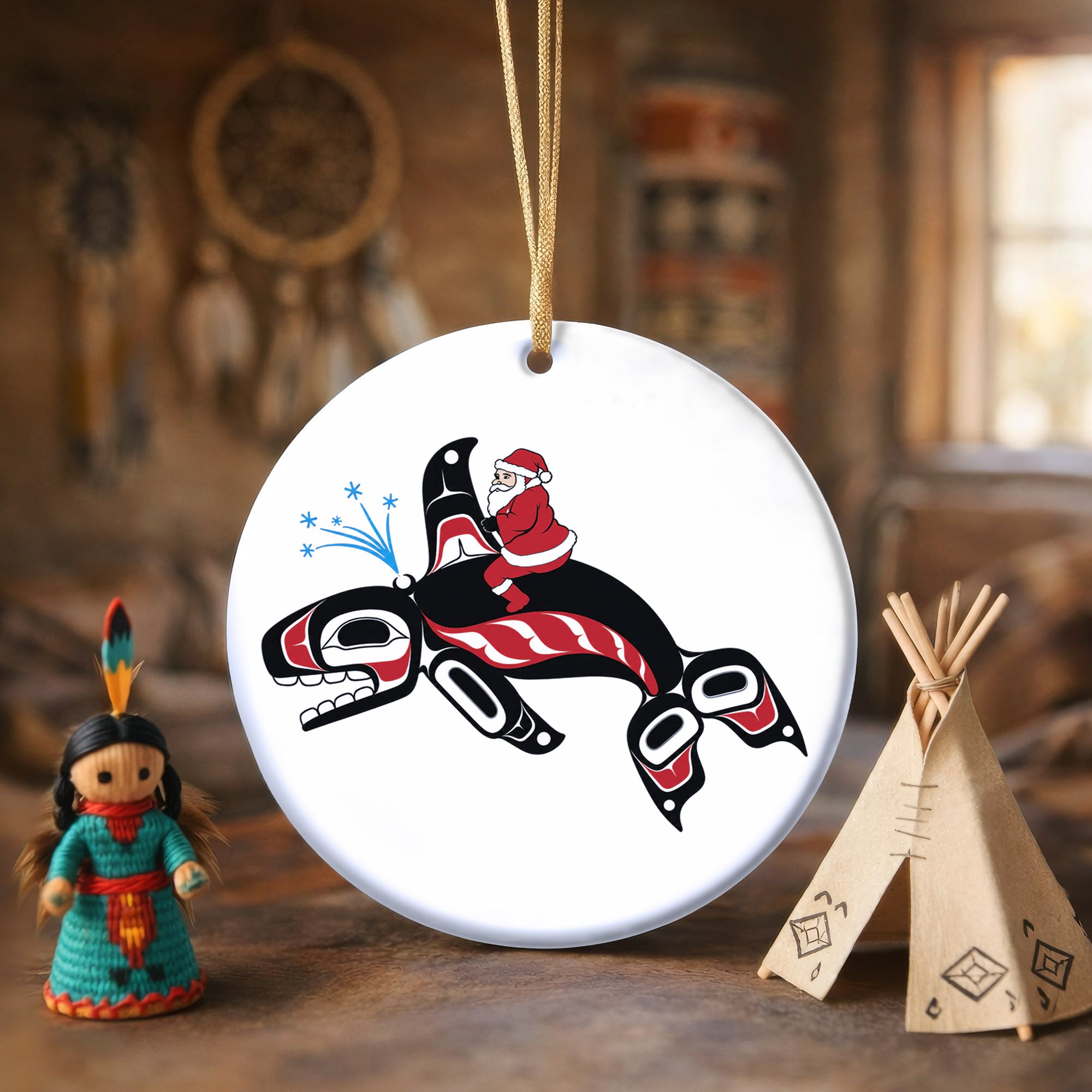 Orca Santa Native Tribal Ceramic Ornament - Indigenous Art Decor