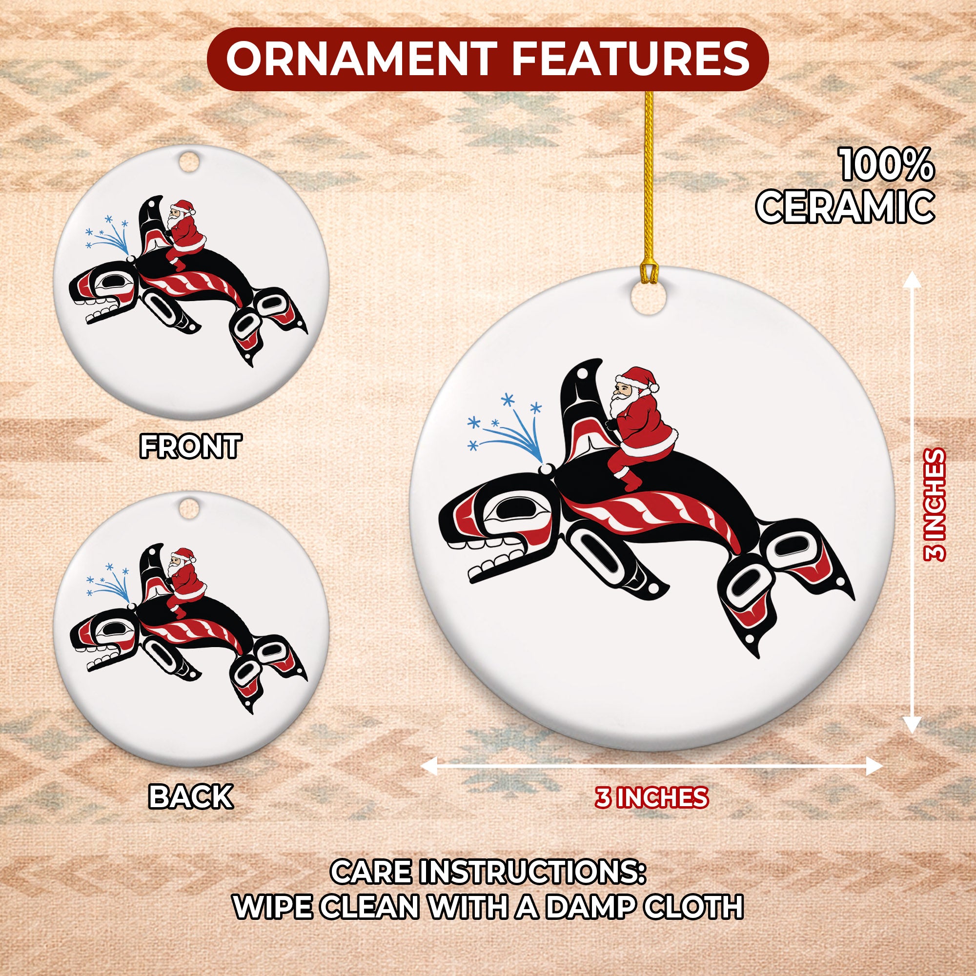Orca Santa Native Tribal Ceramic Ornament - Indigenous Art Decor