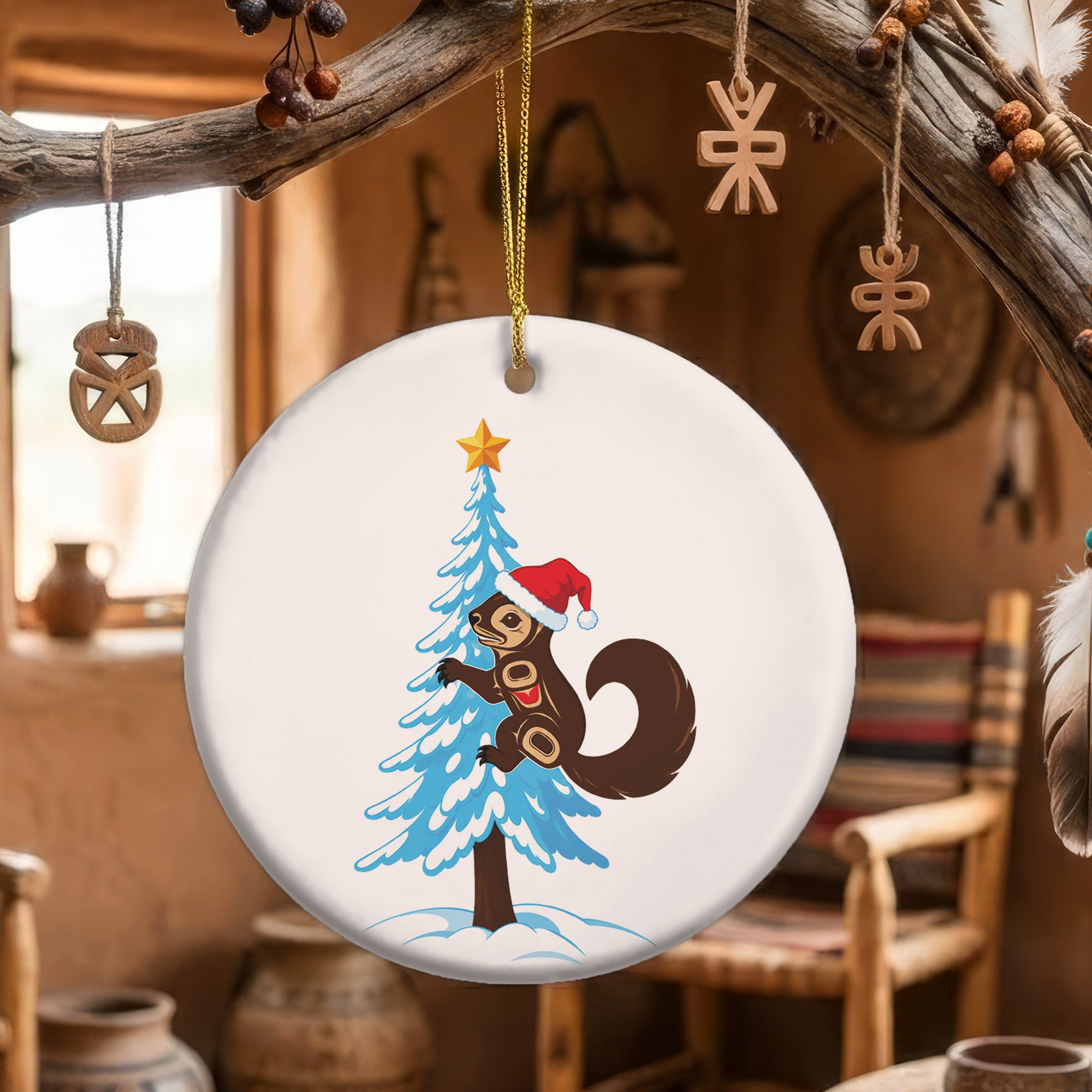 Squirrel Christmas Tree Native Tribal Ceramic Ornament - Indigenous Art Decor