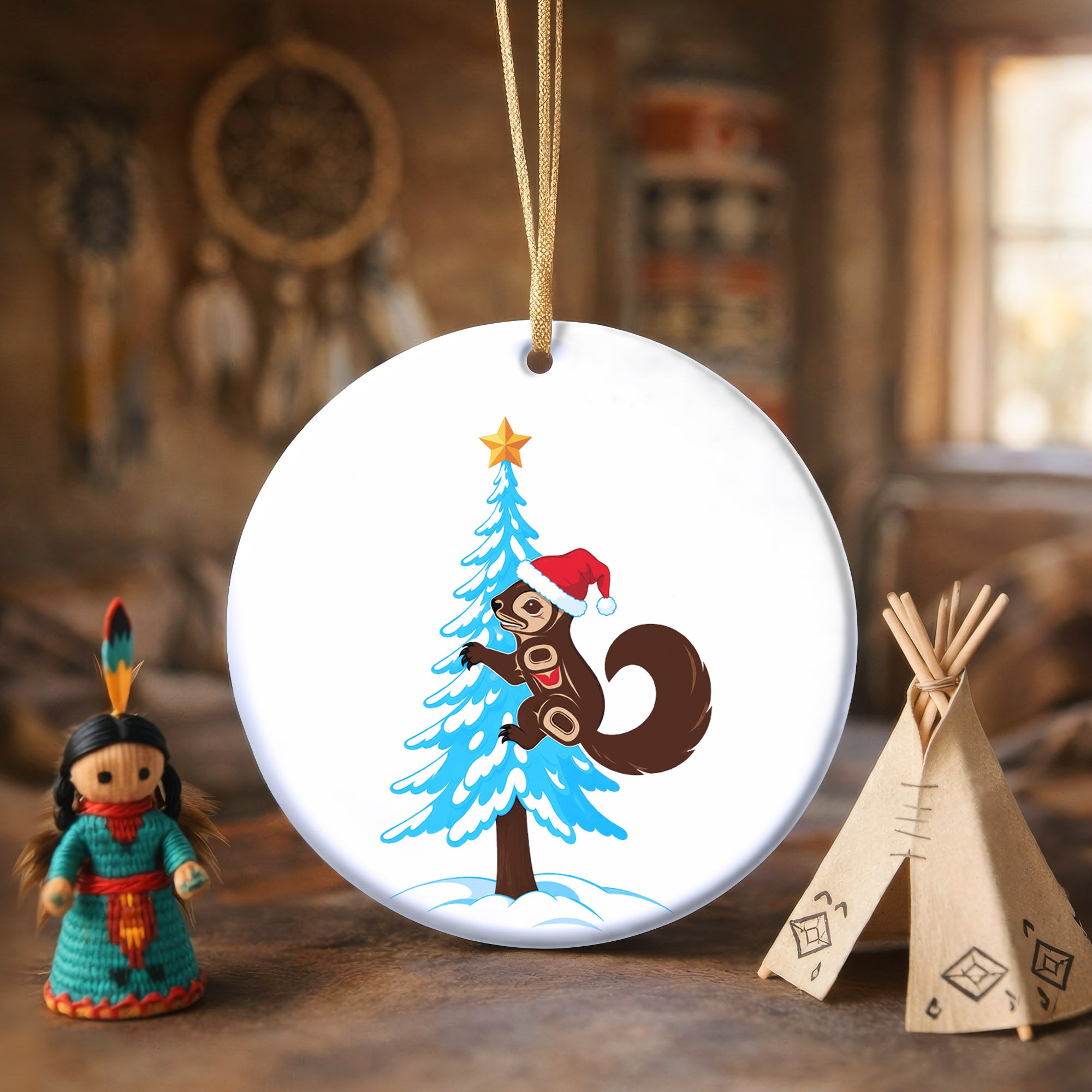 Squirrel Christmas Tree Native Tribal Ceramic Ornament - Indigenous Art Decor