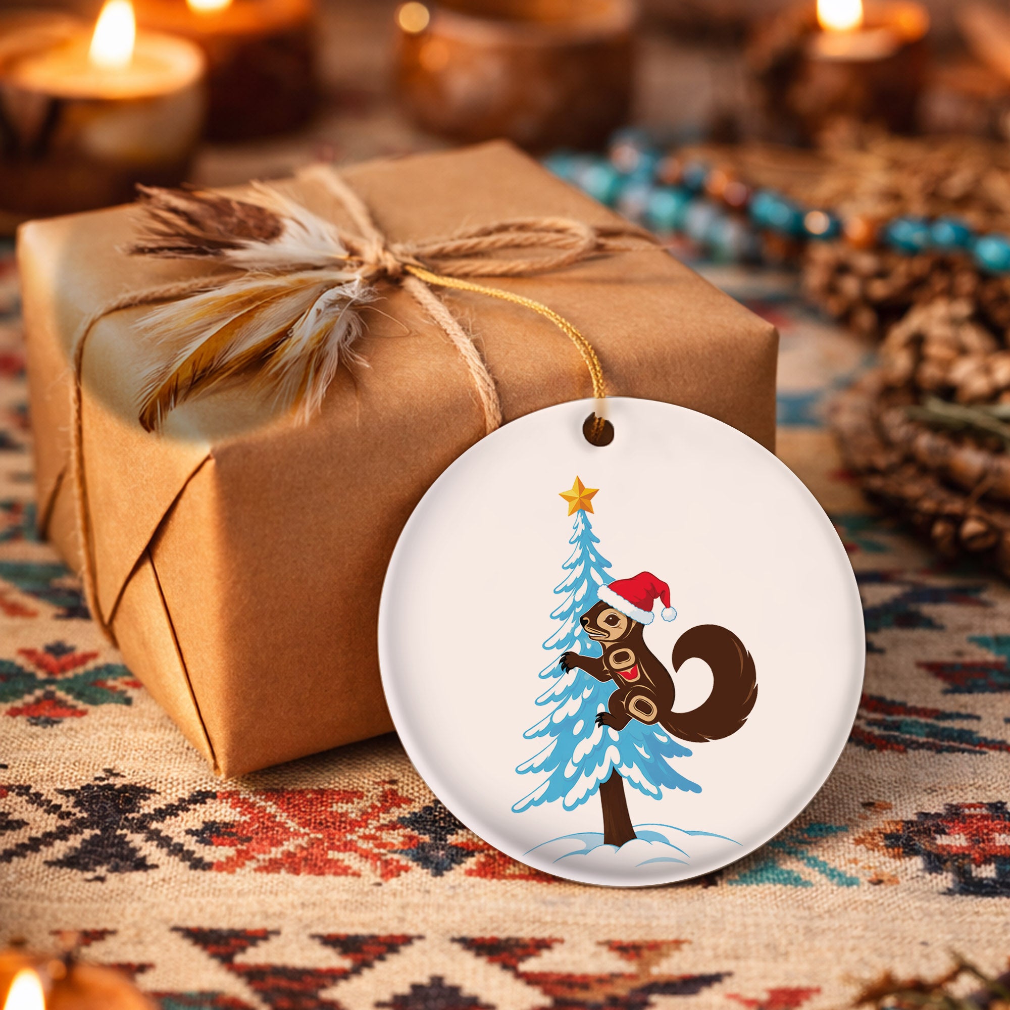 Squirrel Christmas Tree Native Tribal Ceramic Ornament - Indigenous Art Decor