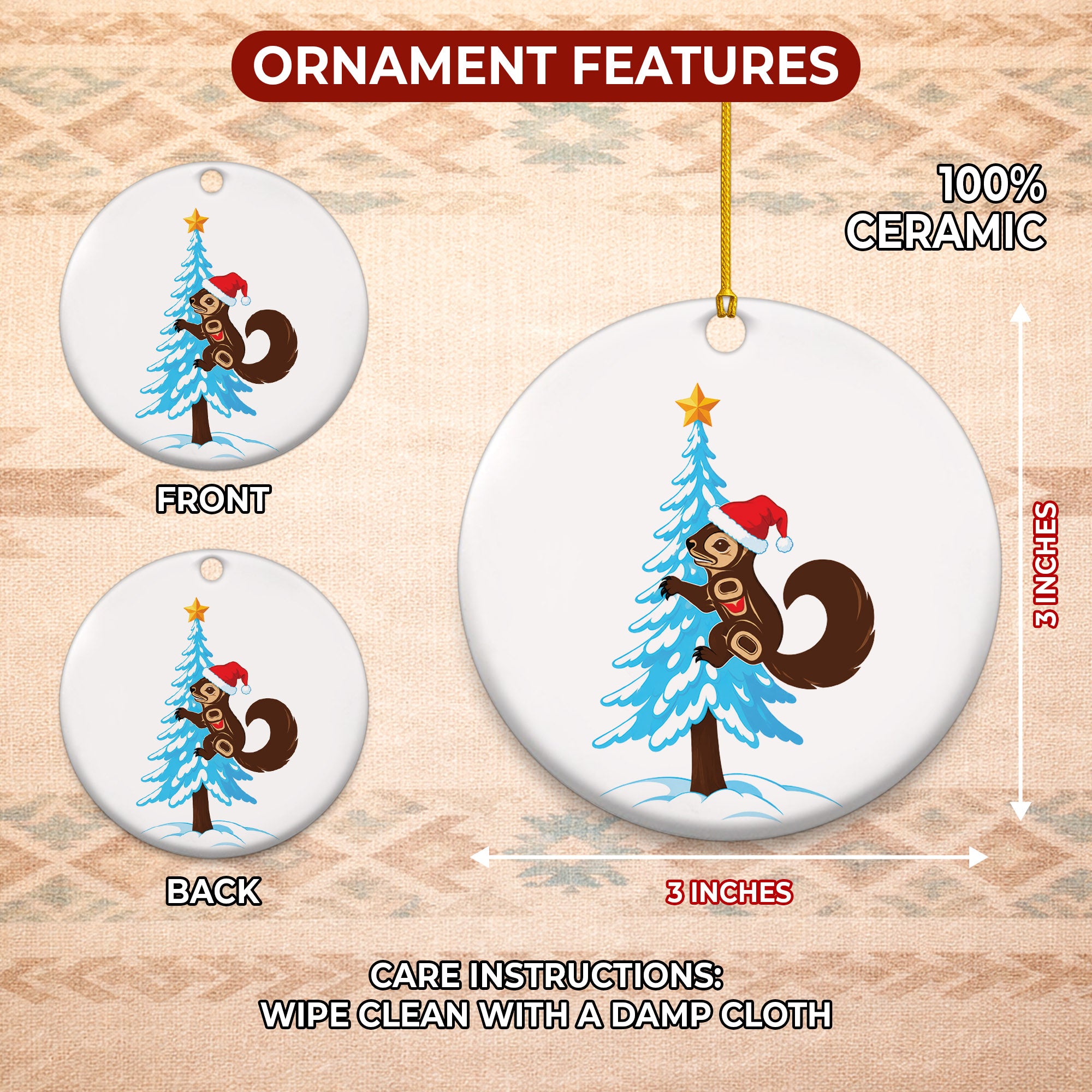 Squirrel Christmas Tree Native Tribal Ceramic Ornament - Indigenous Art Decor