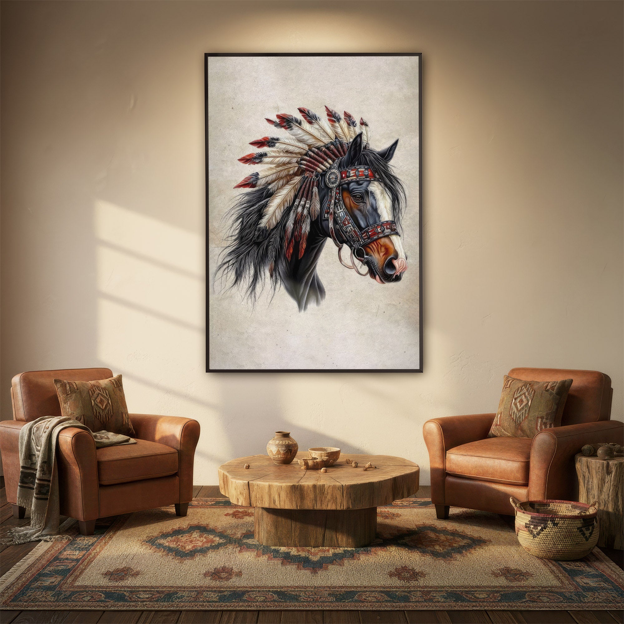 Native Spirit - Horse with Feather Headdress Artwork Poster/ Canvas