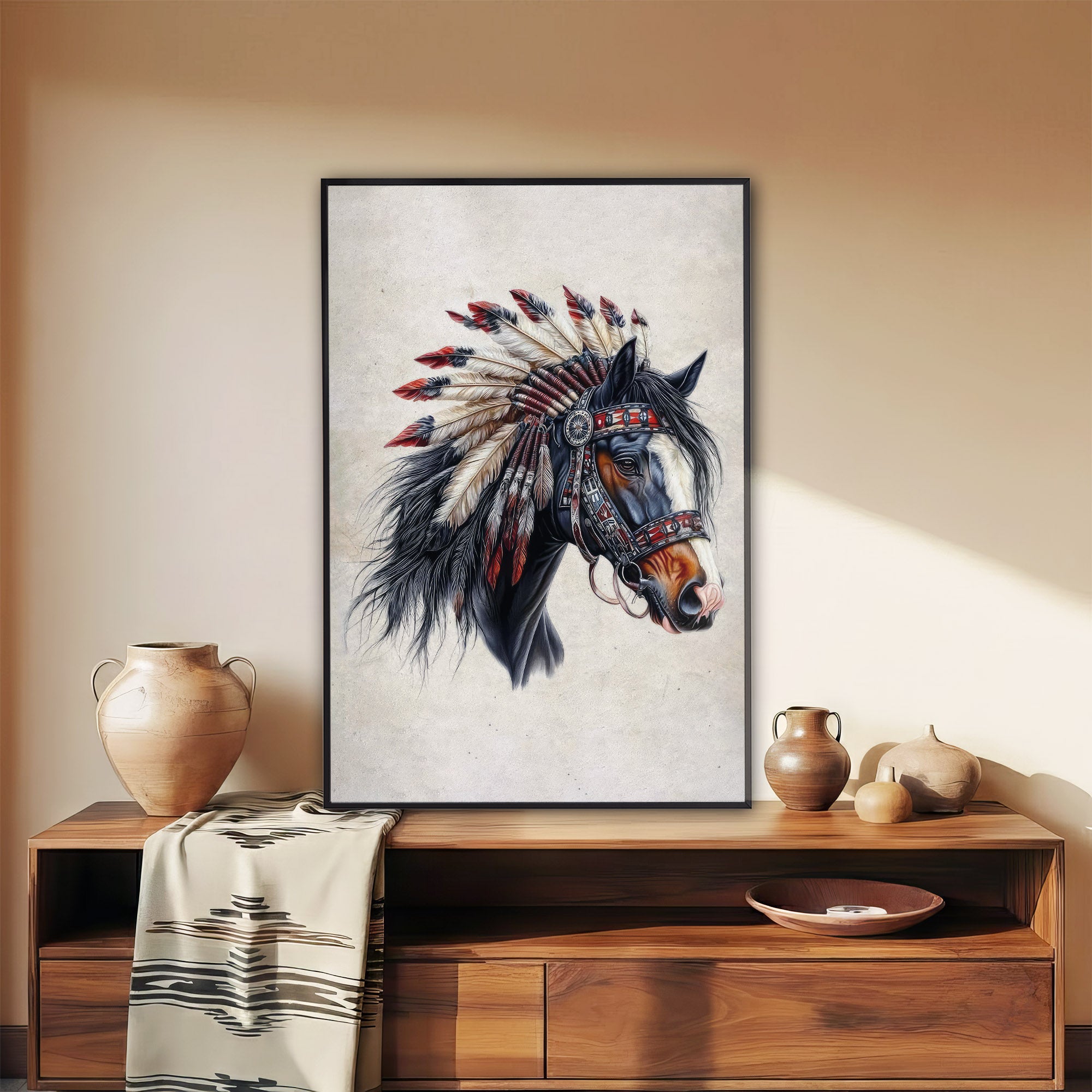Native Spirit - Horse with Feather Headdress Artwork Poster/ Canvas