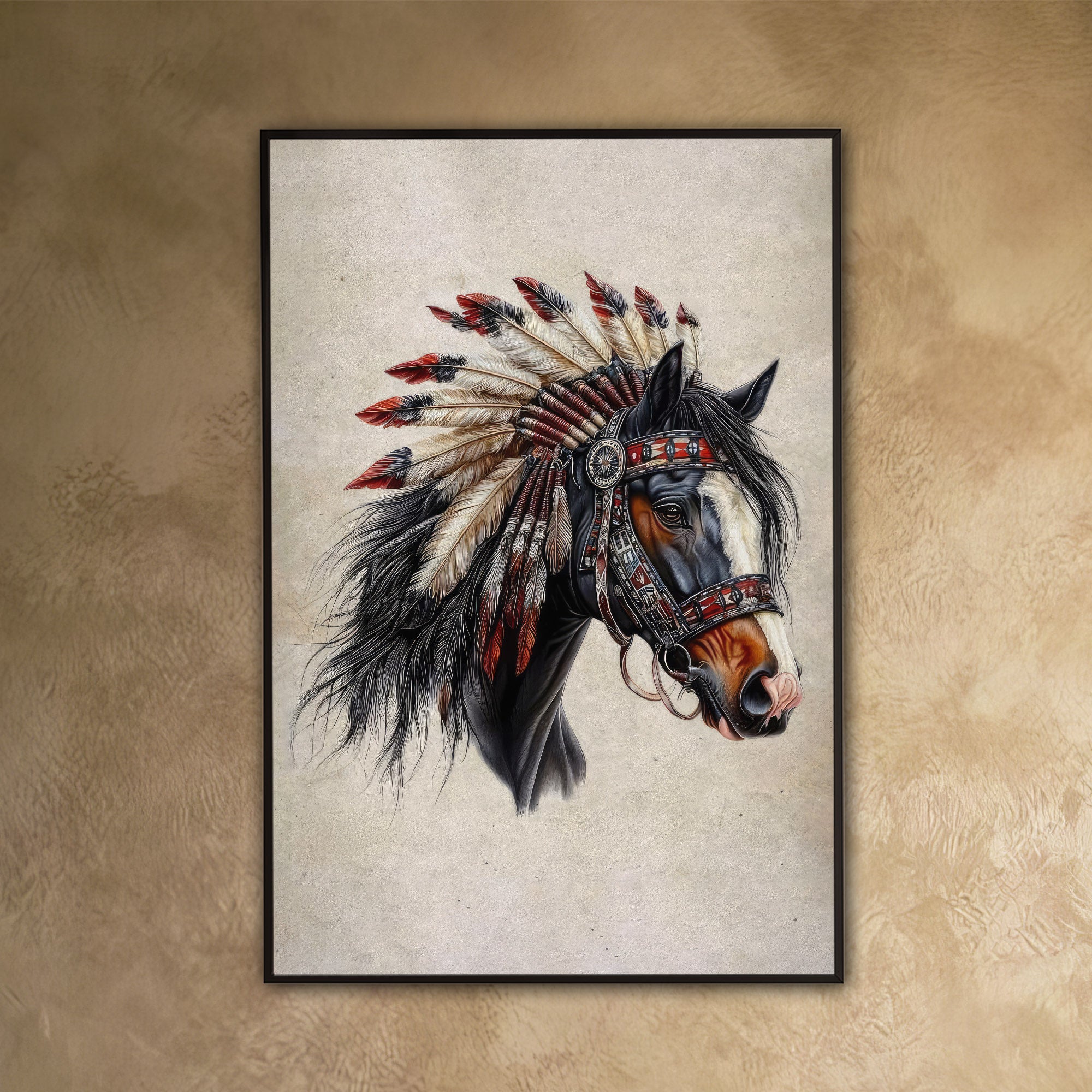 Native Spirit - Horse with Feather Headdress Artwork Poster/ Canvas