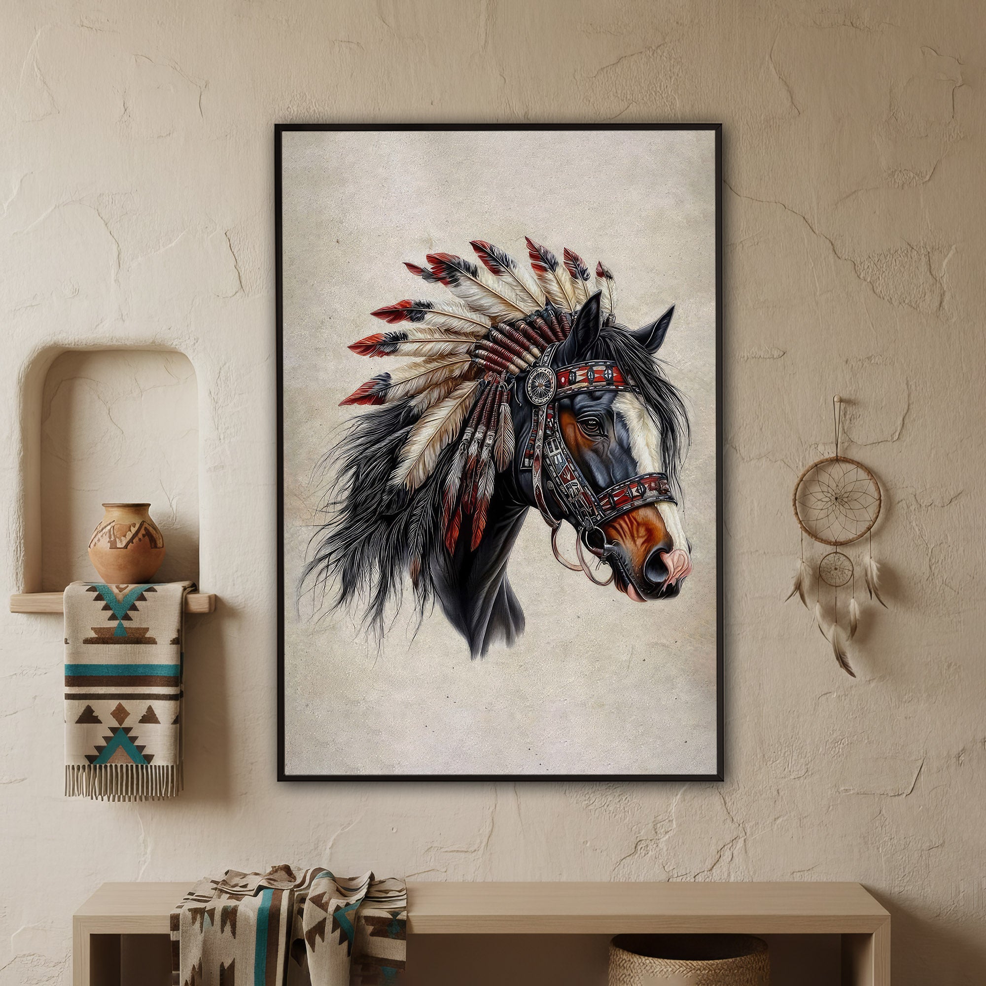Native Spirit - Horse with Feather Headdress Artwork Poster/ Canvas