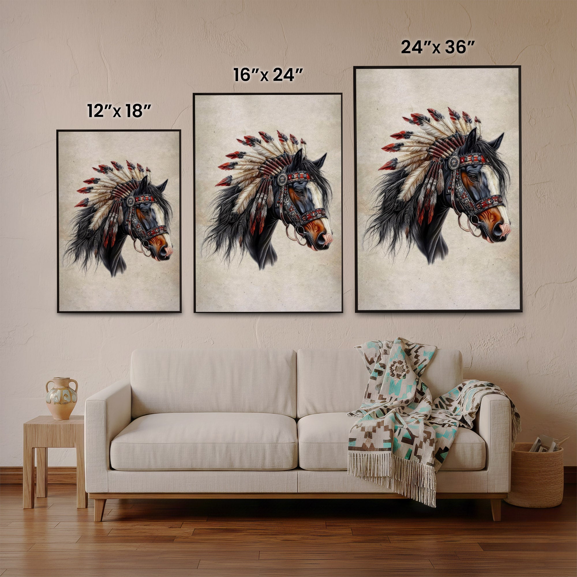 Native Spirit - Horse with Feather Headdress Artwork Poster/ Canvas
