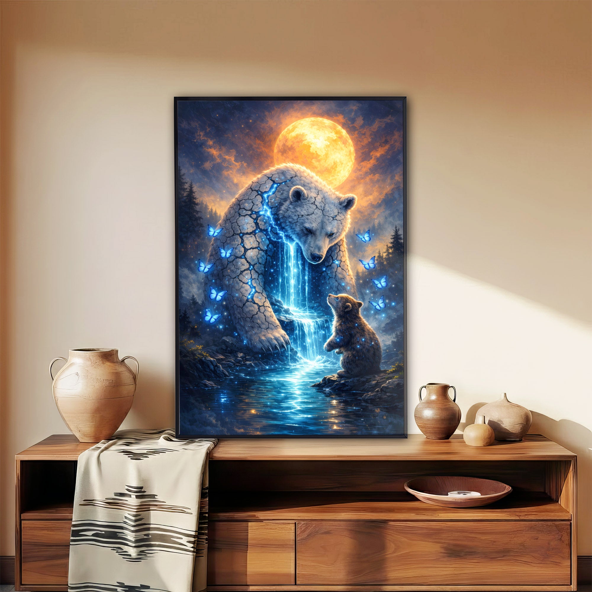 Whispers of the Spirit Bear Native American Dreamscape Mystic Waterfall & Sacred Bonds Poster/Canvas