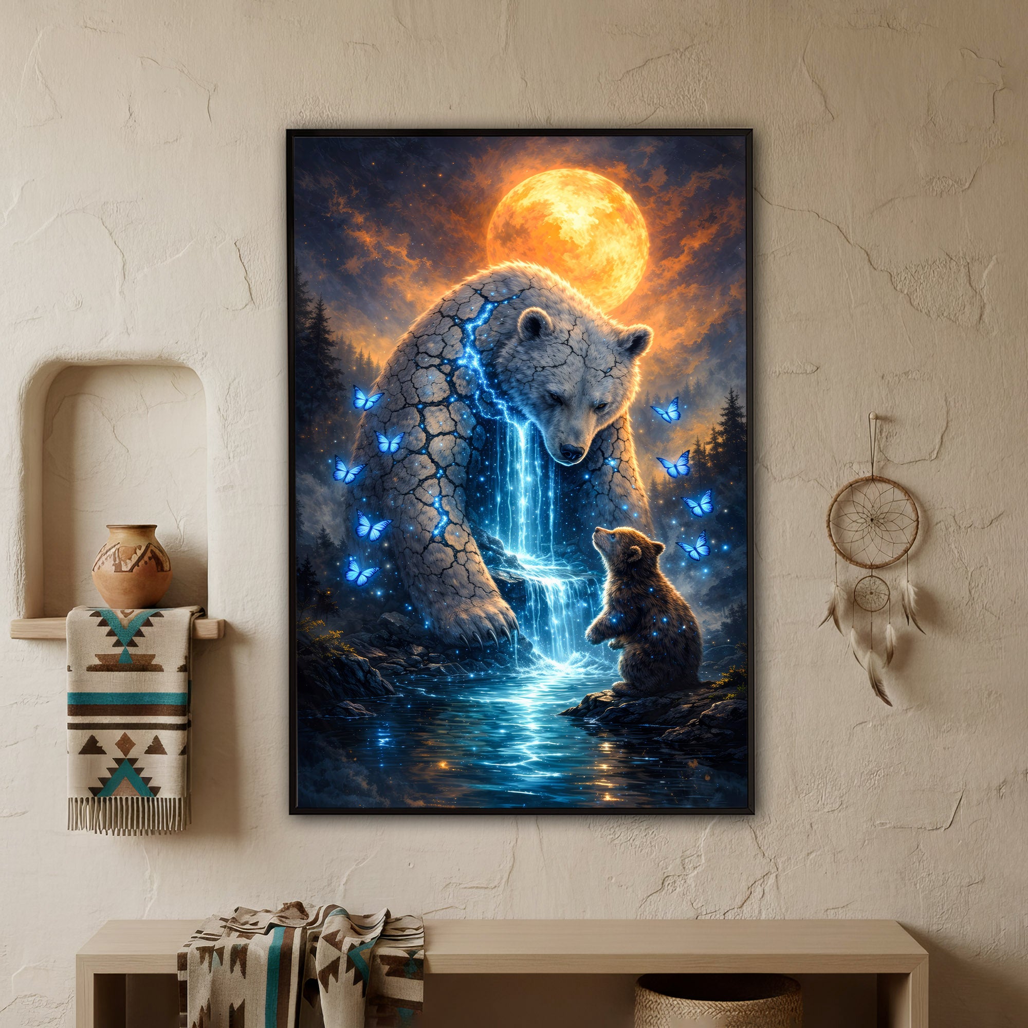 Whispers of the Spirit Bear Native American Dreamscape Mystic Waterfall & Sacred Bonds Poster/Canvas