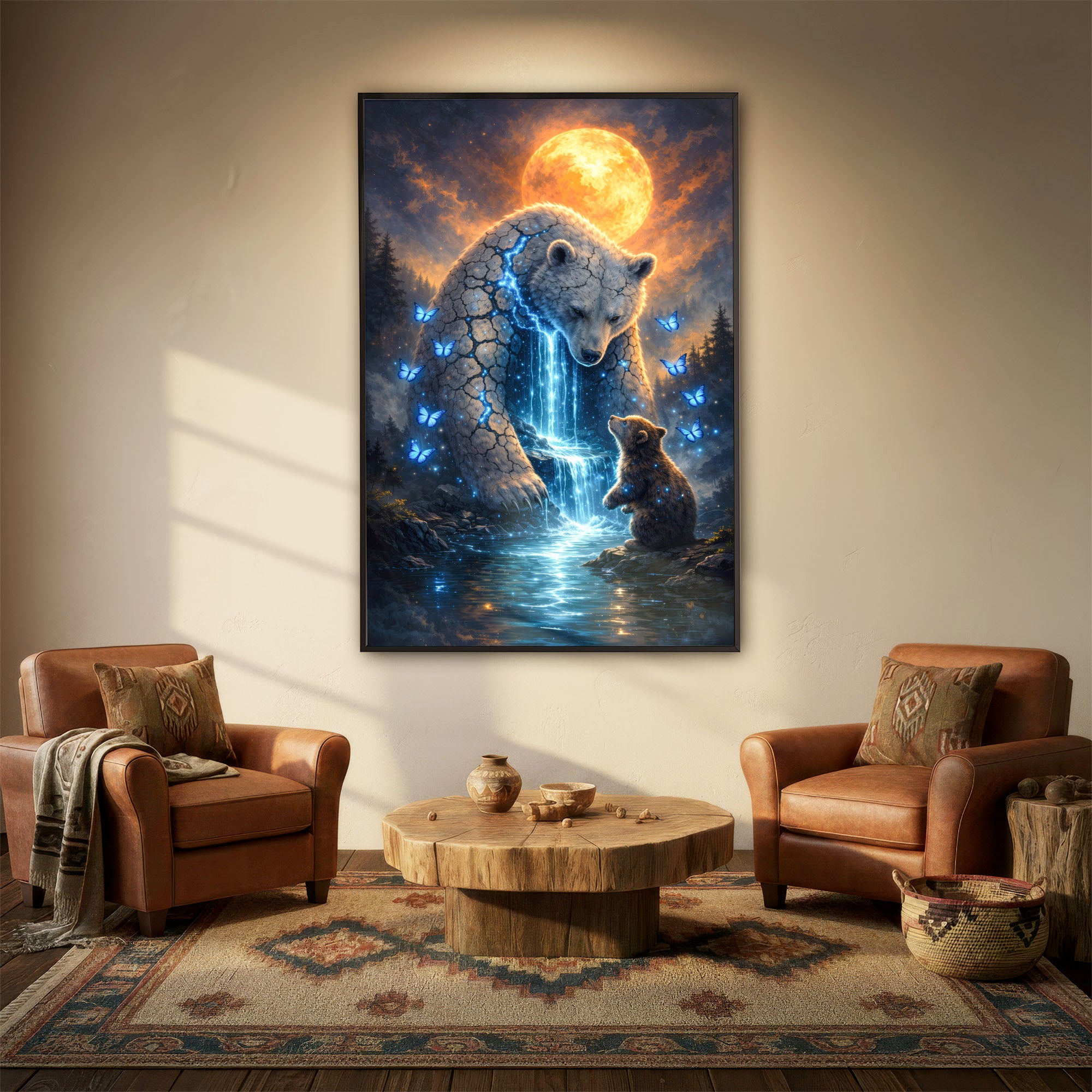 Whispers of the Spirit Bear Native American Dreamscape Mystic Waterfall & Sacred Bonds Poster/Canvas