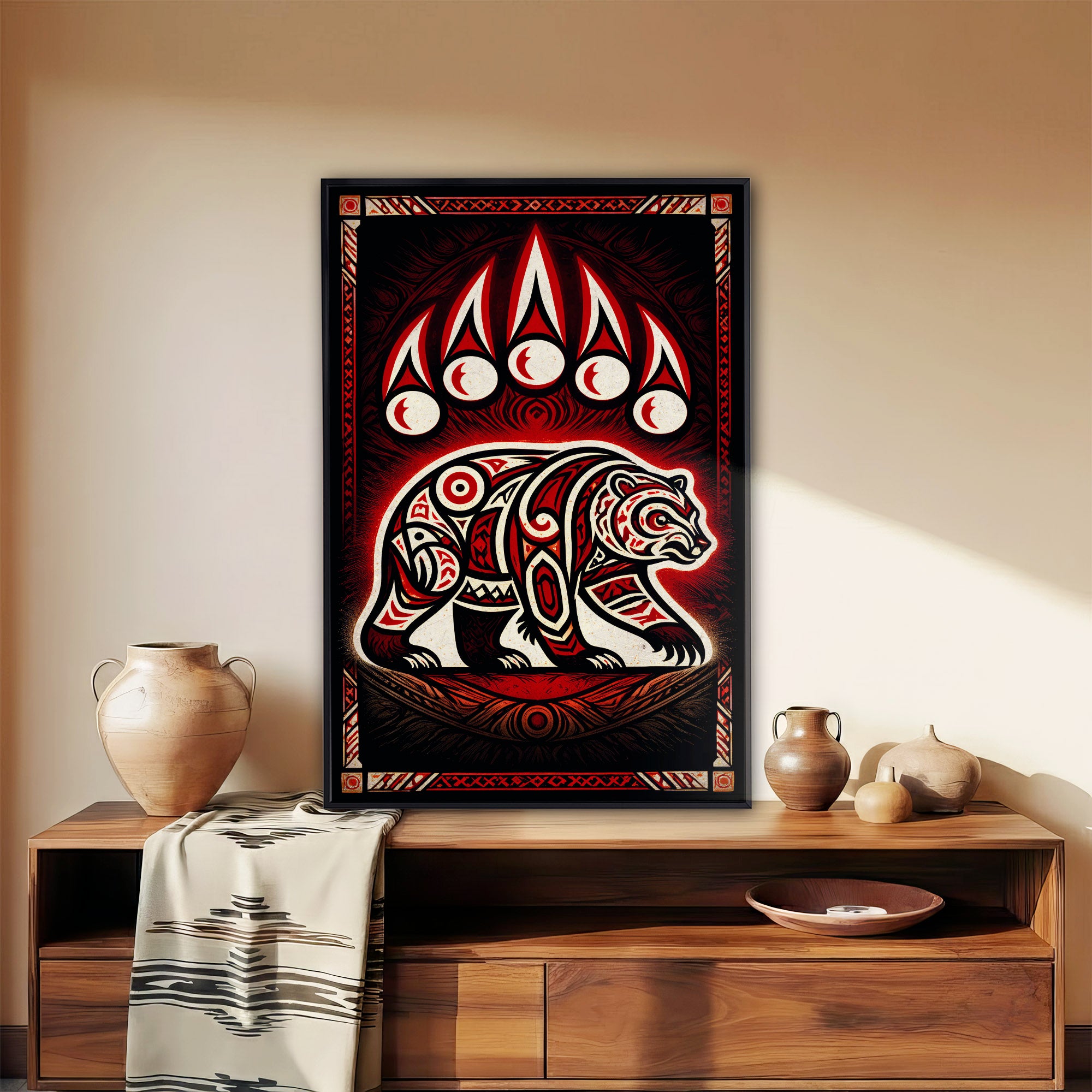 Native American Bear Spirit - Tribal Bear and Moon Sacred Symbol Indigenous Artwork Poster/Canvas