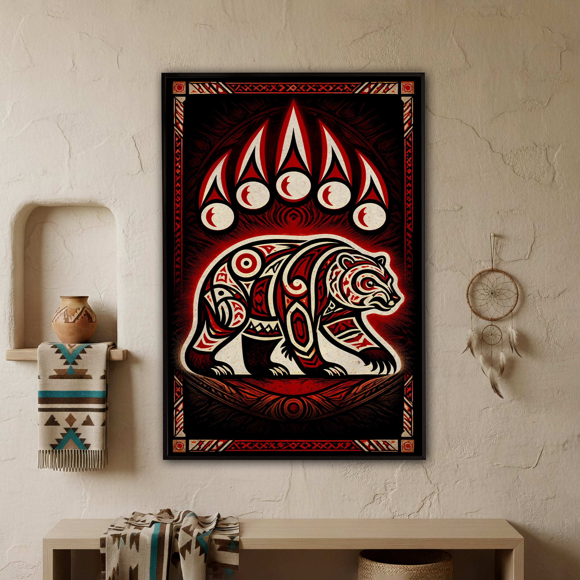 Native American Bear Spirit - Tribal Bear and Moon Sacred Symbol Indigenous Artwork Poster/Canvas