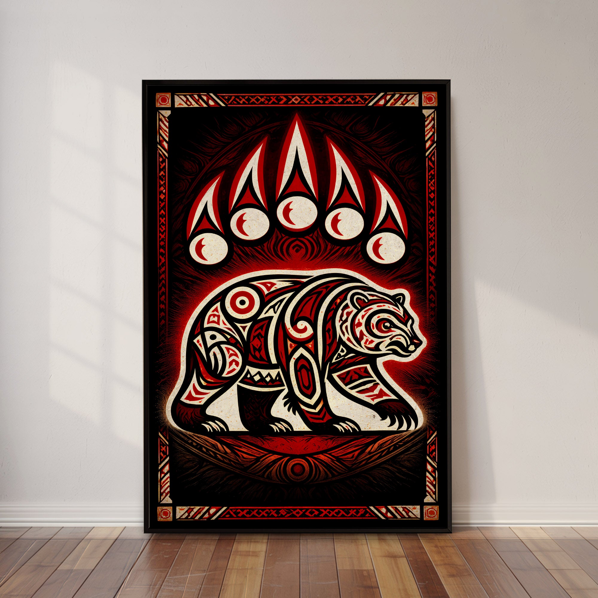Native American Bear Spirit - Tribal Bear and Moon Sacred Symbol Indigenous Artwork Poster/Canvas
