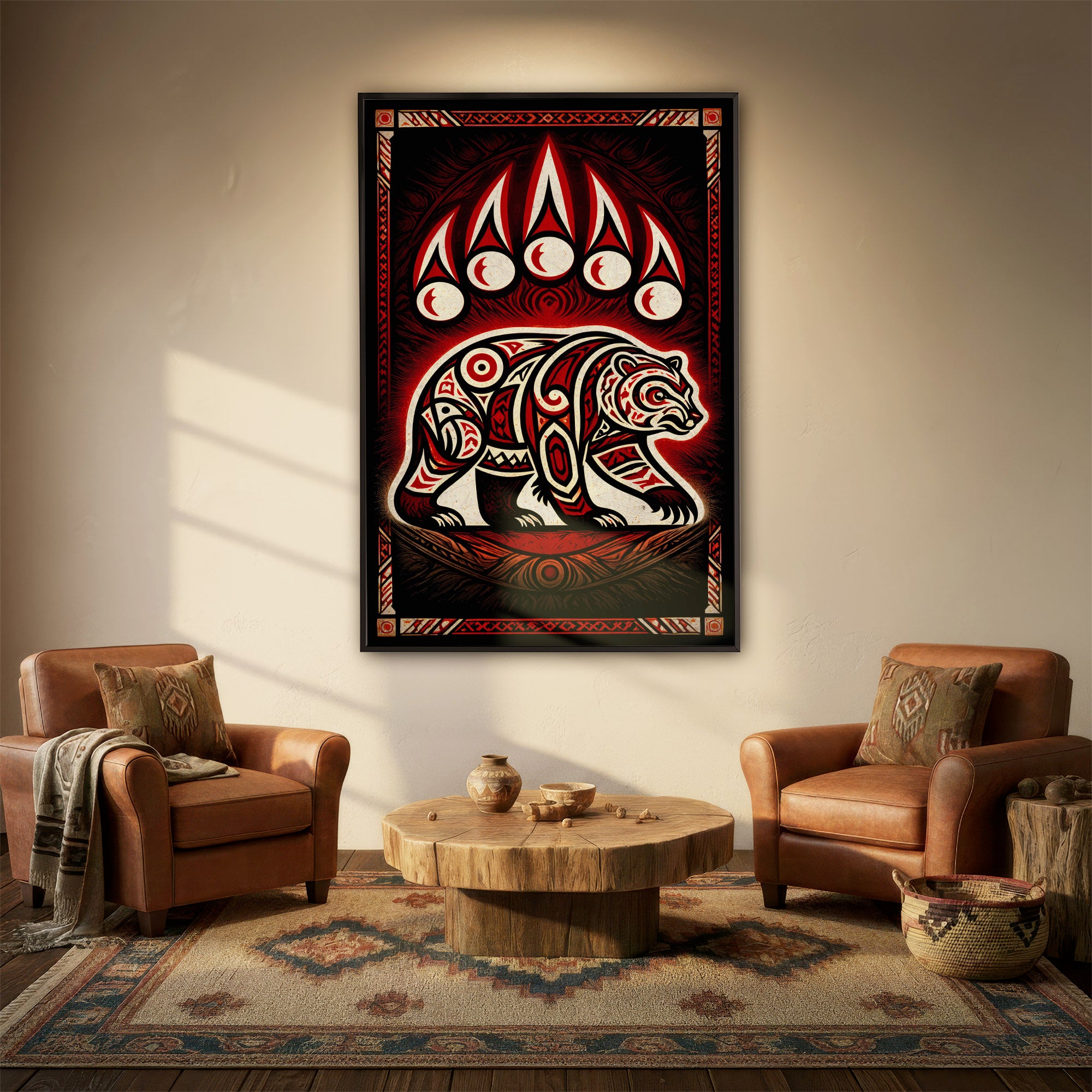 Native American Bear Spirit - Tribal Bear and Moon Sacred Symbol Indigenous Artwork Poster/Canvas
