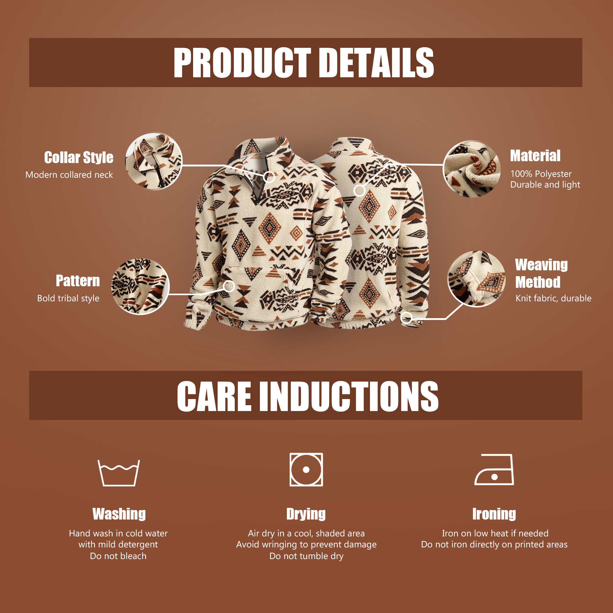 Native American Tribal Fleece Sweatshirt – Half Zip Stand Collar Pullover