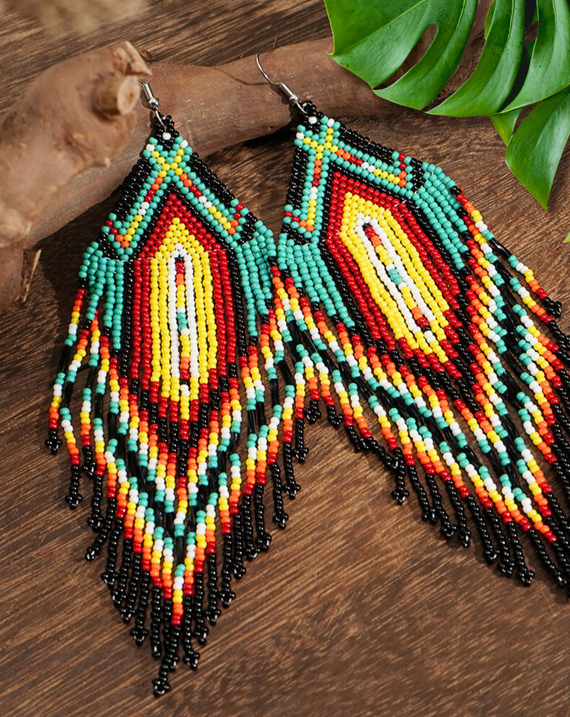 Sacred Feather Beaded Earrings – Vibrant Red, Green, and Yellow with Black Tassels