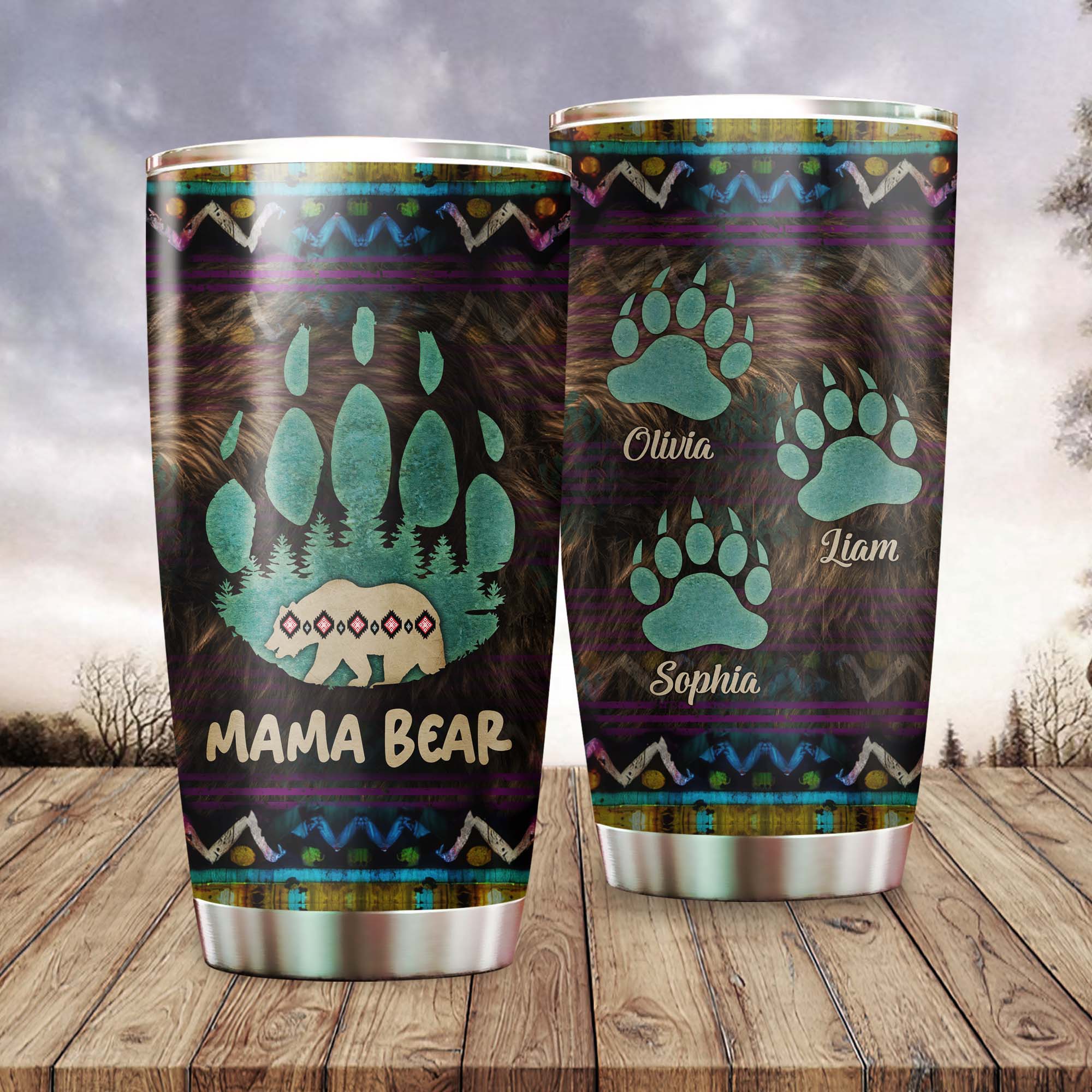 Native American Mama Bear Tumbler Stainless Steel Drinking Cup (Custom Name Design)