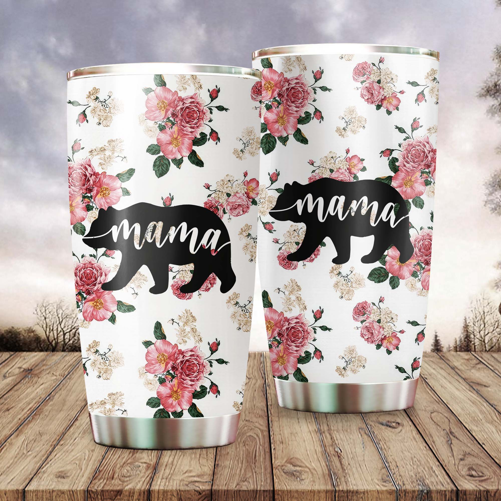 Native AmericanMama Bear Floral Tumbler Stainless Steel Drinking Cup