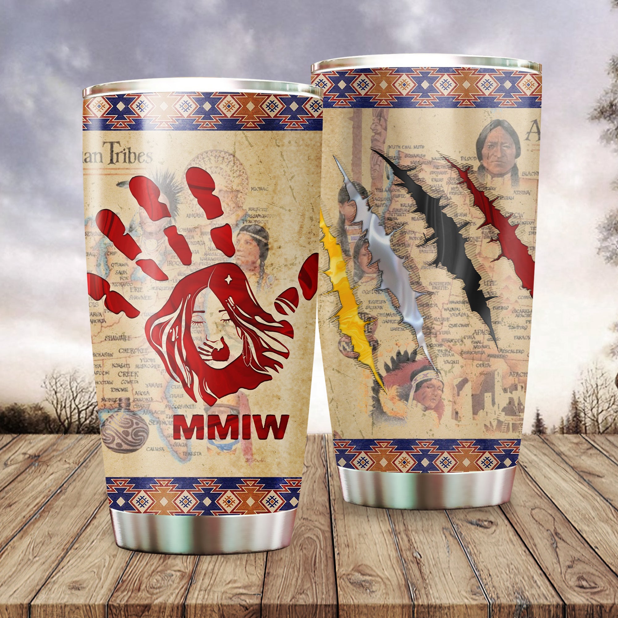 MMIW Red Hand and Maps Native American Tumbler Stainless Steel Drinking Cup