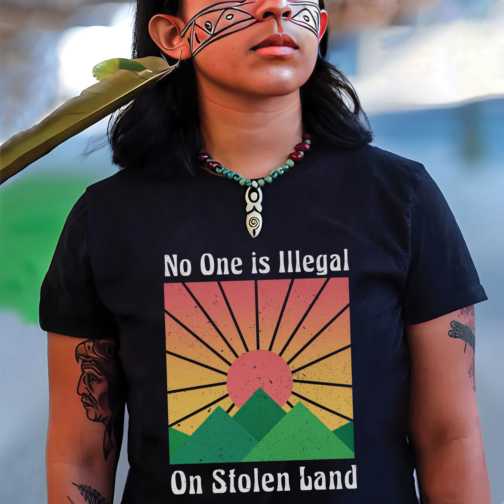 No One Is Illegal On Stolen Land Sun Symbol of Native Rights & Justice Unisex T-shirt/V-neck T-shirt/Hoodie/Sweatshirt