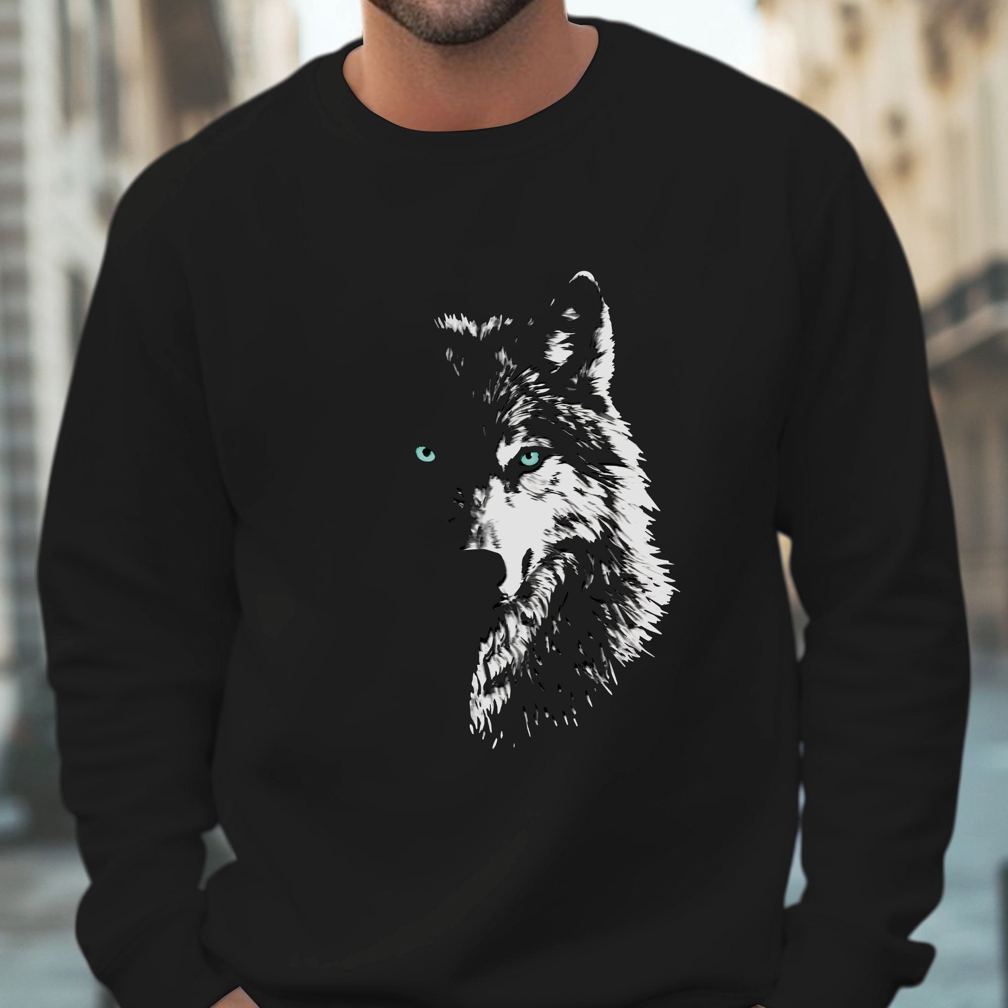 Mystic Wolf Face Graphic – Black & White Spirit Animal Art Unisex T-shirt/T-shirt V-Neck/Hoodie/Sweatshirt
