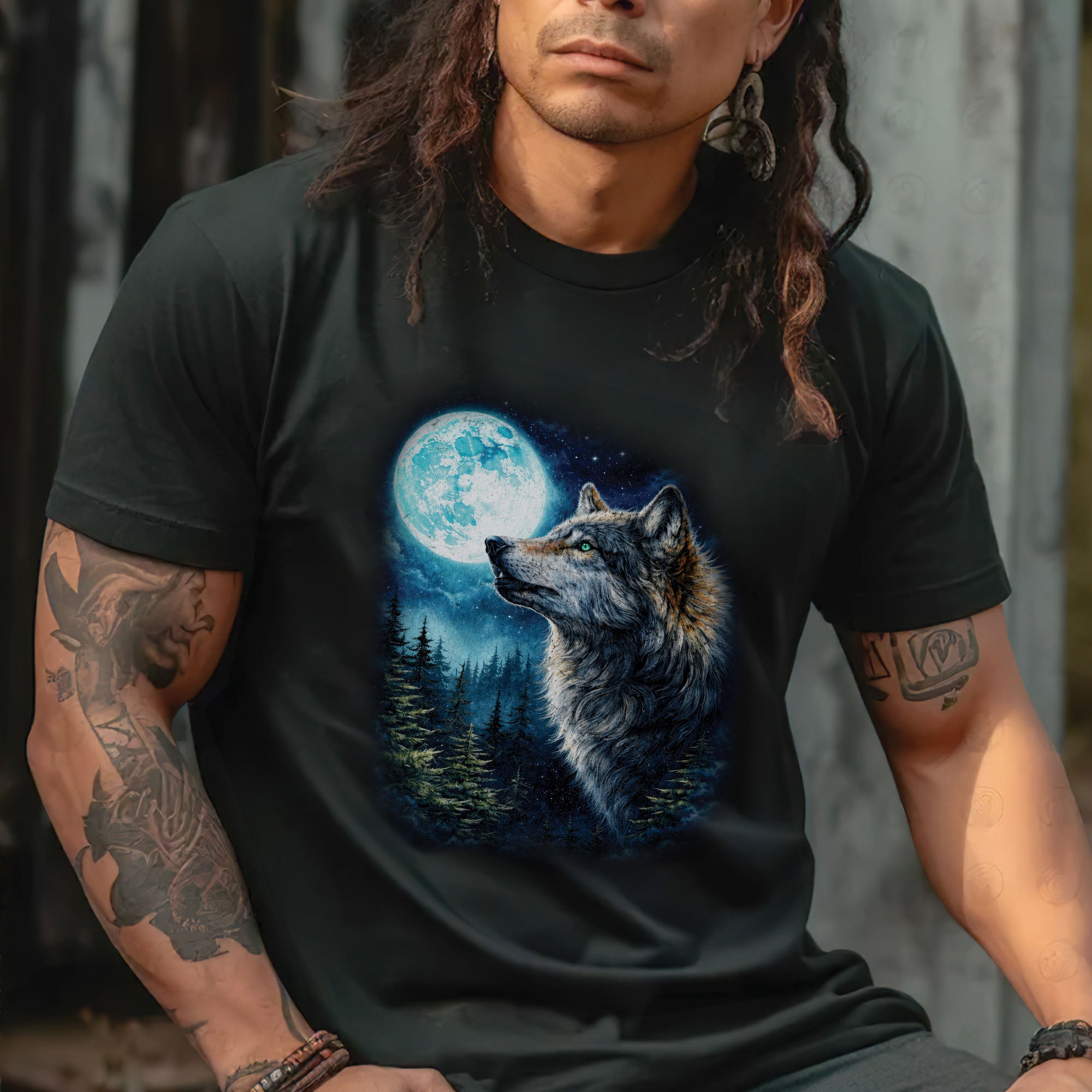Wolf Howling at Moon Night Forest Art Spirit Animal Design Unisex T-shirt/T-shirt V-Neck/Hoodie/Sweatshirt