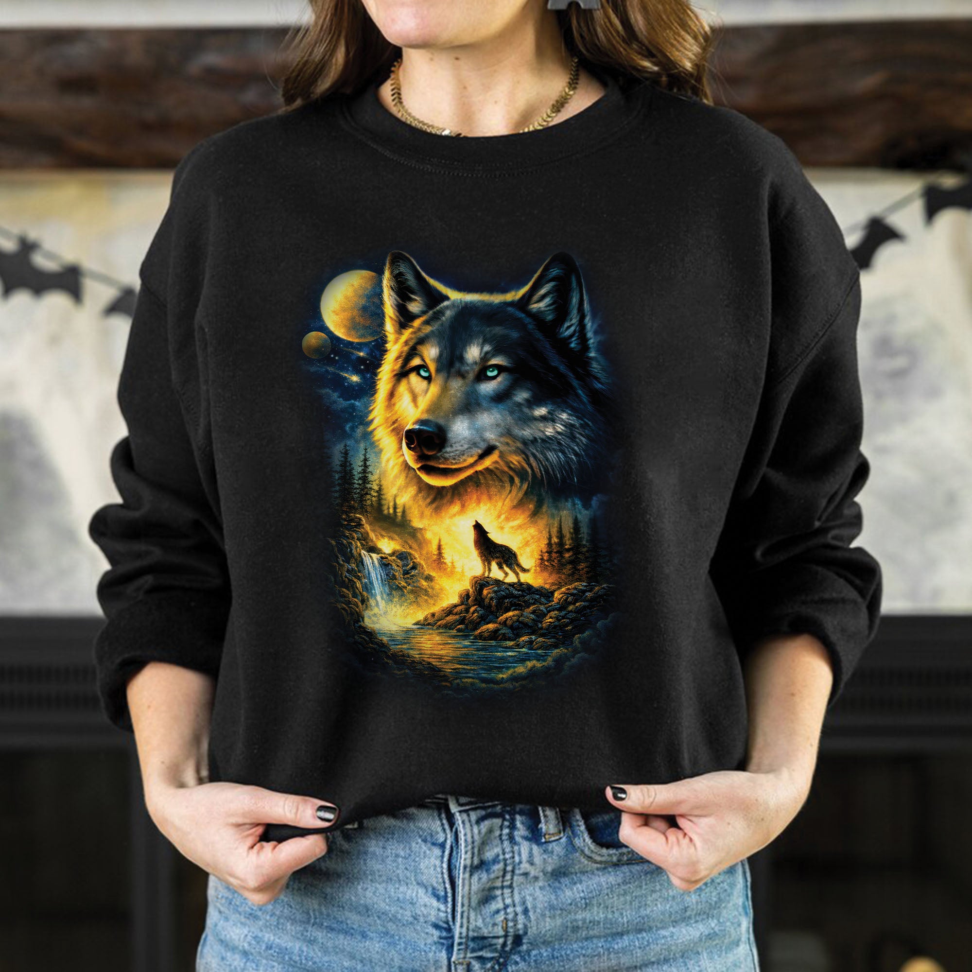 Mystic Wolf Howling Night Sky Wolf Art Cosmic Wilderness Spirit Animal Design Unisex T-shirt/T-shirt V-Neck/Hoodie/Sweatshirt