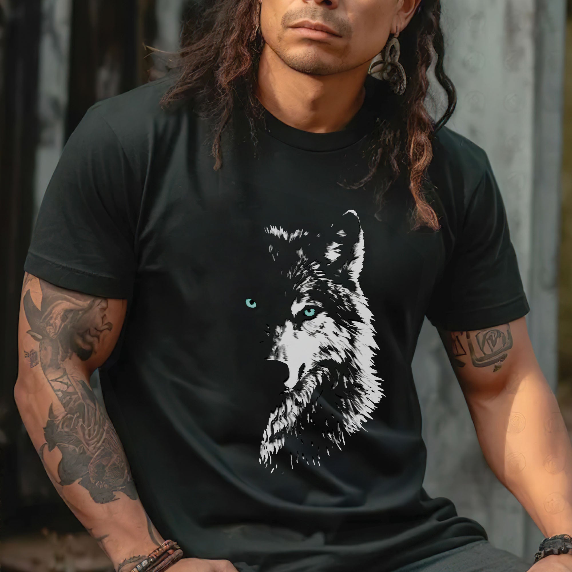 Mystic Wolf Face Graphic – Black & White Spirit Animal Art Unisex T-shirt/T-shirt V-Neck/Hoodie/Sweatshirt