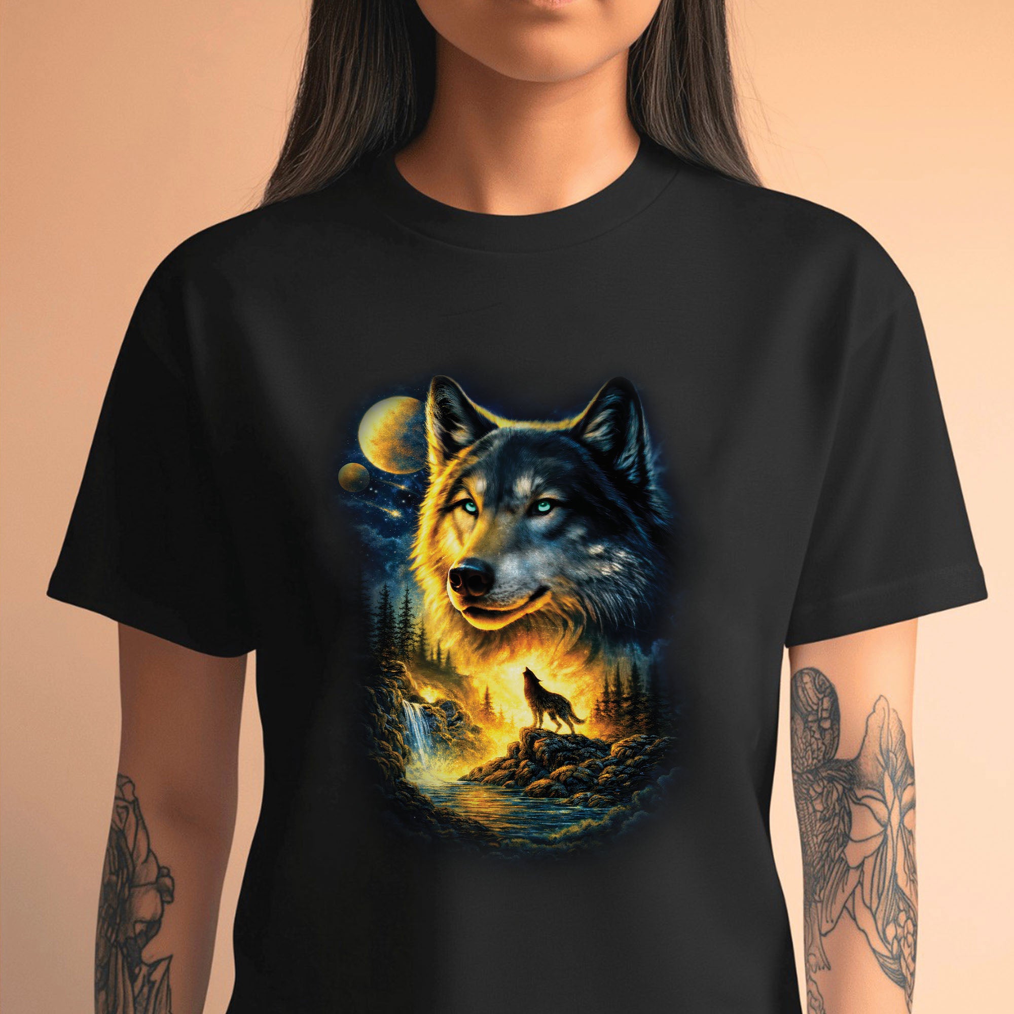 Mystic Wolf Howling Night Sky Wolf Art Cosmic Wilderness Spirit Animal Design Unisex T-shirt/T-shirt V-Neck/Hoodie/Sweatshirt