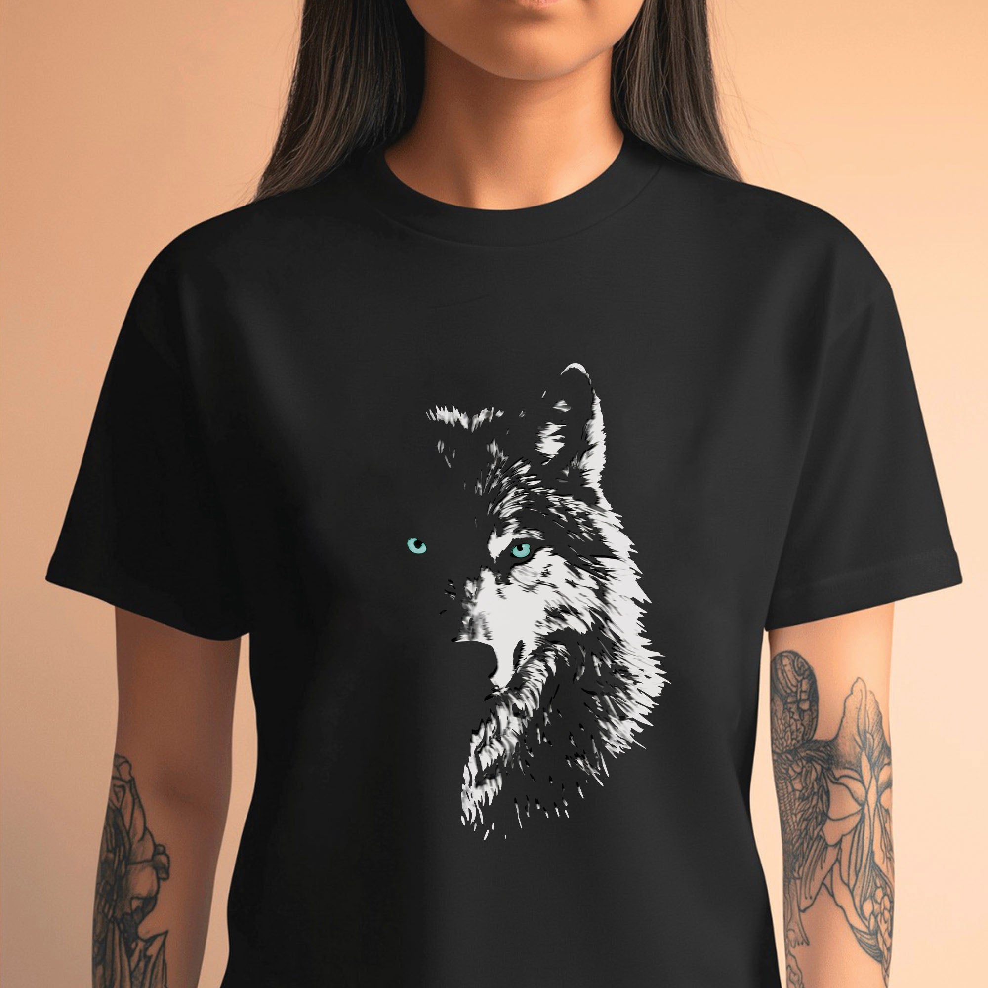 Mystic Wolf Face Graphic – Black & White Spirit Animal Art Unisex T-shirt/T-shirt V-Neck/Hoodie/Sweatshirt