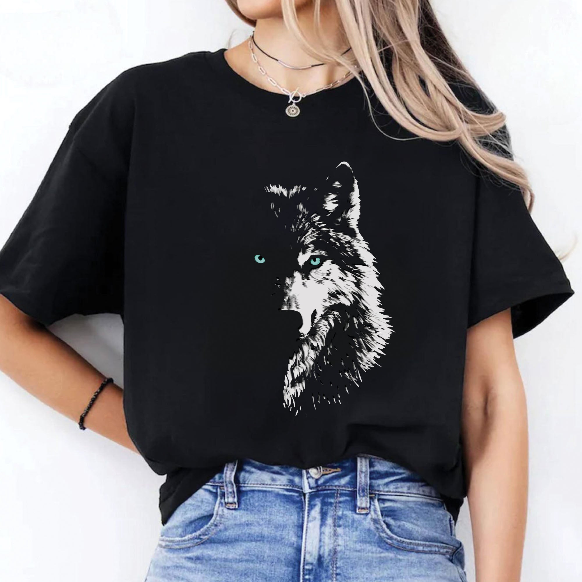 Mystic Wolf Face Graphic – Black & White Spirit Animal Art Unisex T-shirt/T-shirt V-Neck/Hoodie/Sweatshirt