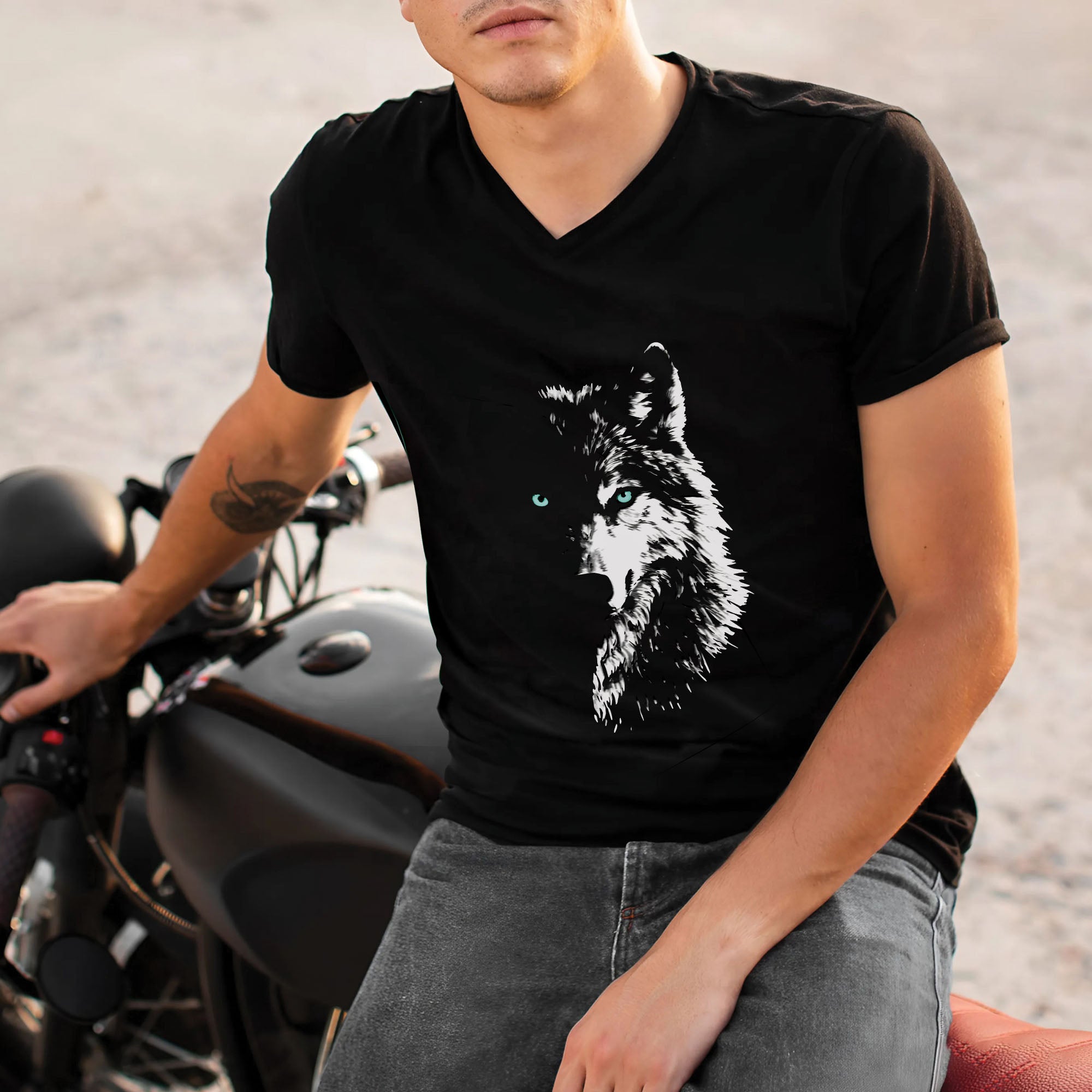 Mystic Wolf Face Graphic – Black & White Spirit Animal Art Unisex T-shirt/T-shirt V-Neck/Hoodie/Sweatshirt