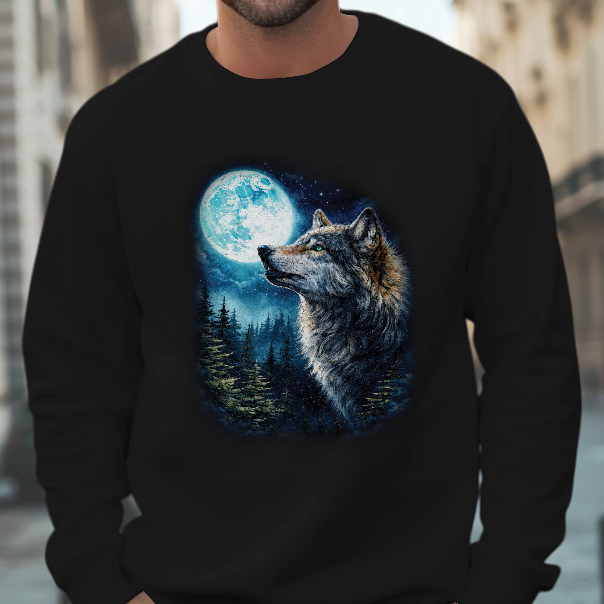 Wolf Howling at Moon Night Forest Art Spirit Animal Design Unisex T-shirt/T-shirt V-Neck/Hoodie/Sweatshirt