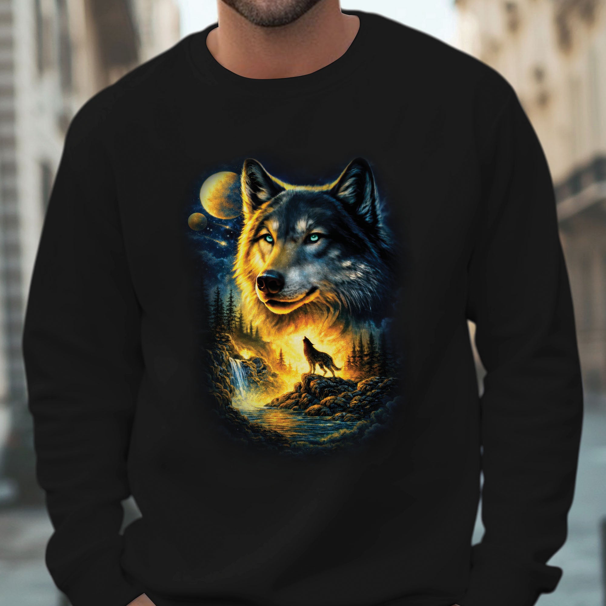 Mystic Wolf Howling Night Sky Wolf Art Cosmic Wilderness Spirit Animal Design Unisex T-shirt/T-shirt V-Neck/Hoodie/Sweatshirt