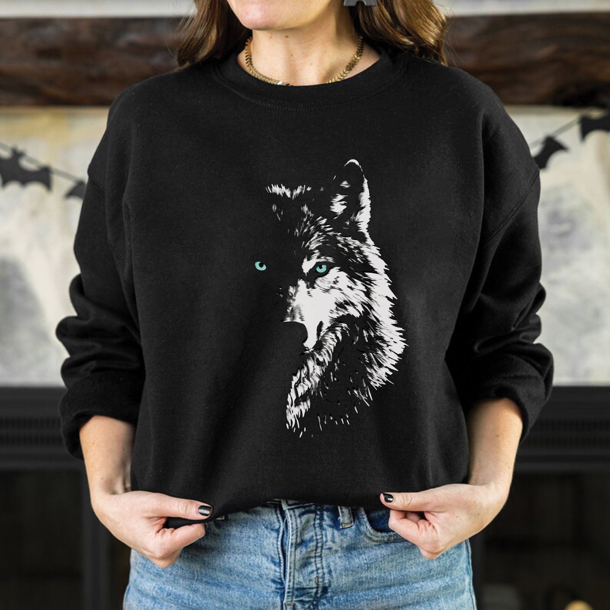 Mystic Wolf Face Graphic – Black & White Spirit Animal Art Unisex T-shirt/T-shirt V-Neck/Hoodie/Sweatshirt