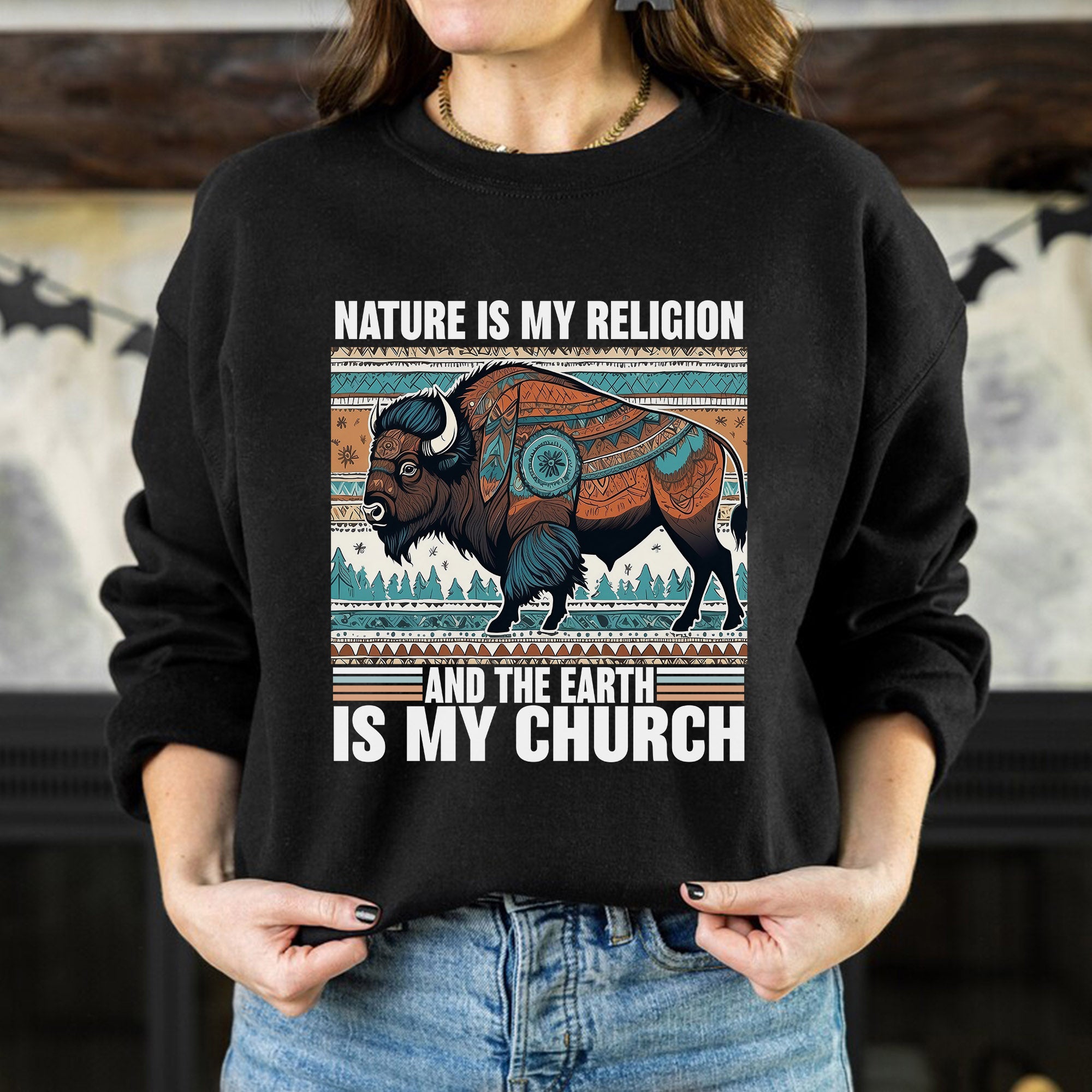 Nature Is My Religion Earth Is My Church Indigenous Bison Art Unisex T-shirt/T-shirt V-Neck/Hoodie/Sweatshirt