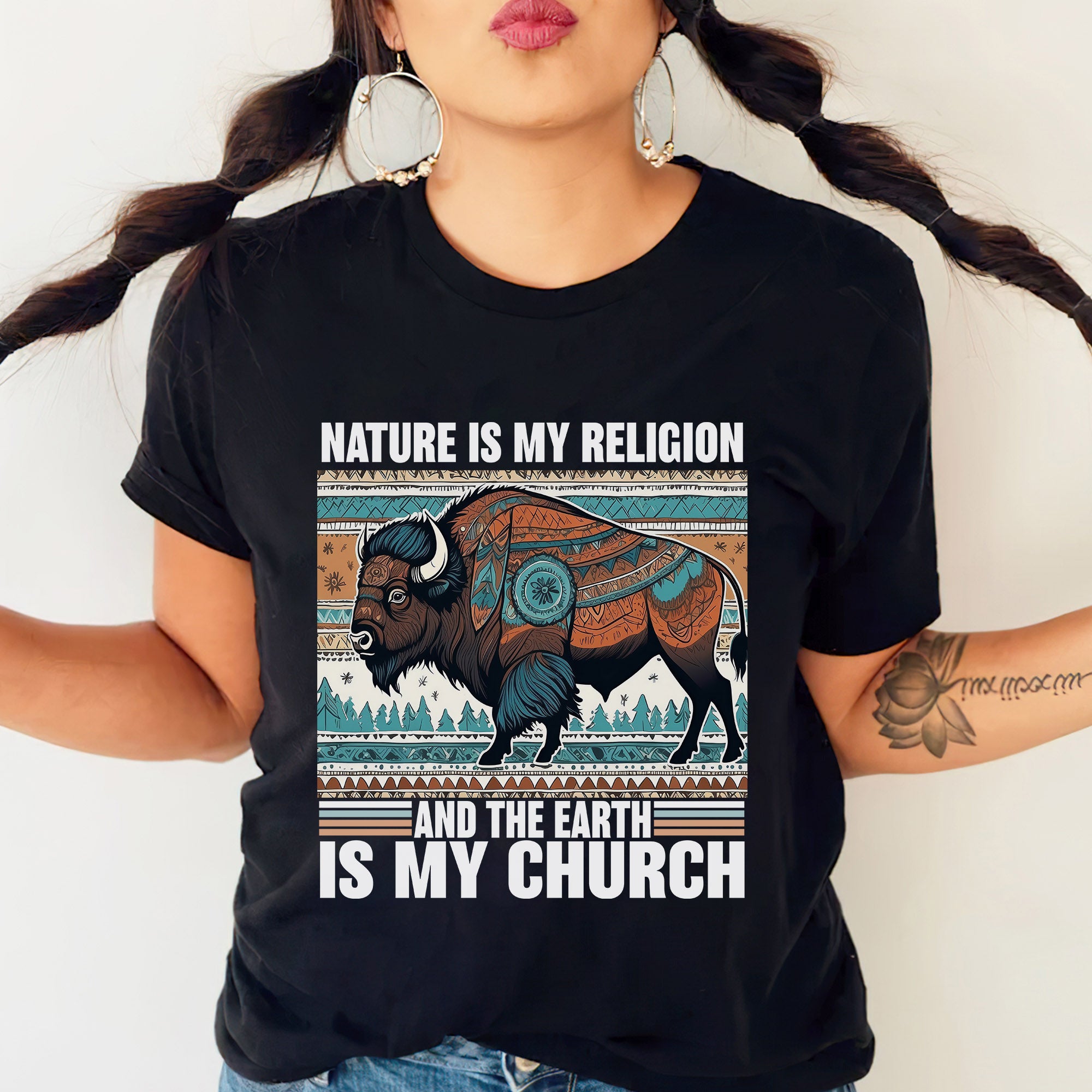 Nature Is My Religion Earth Is My Church Indigenous Bison Art Unisex T-shirt/T-shirt V-Neck/Hoodie/Sweatshirt