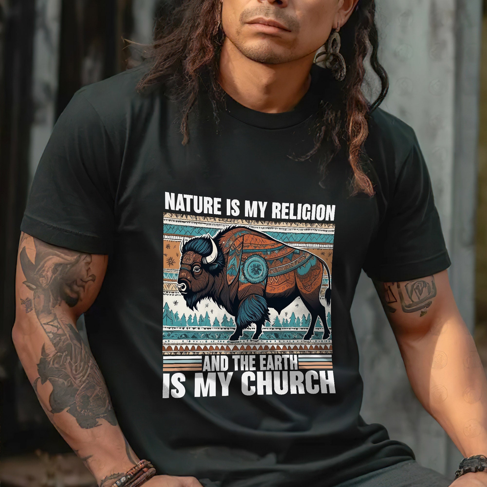 Nature Is My Religion Earth Is My Church Indigenous Bison Art Unisex T-shirt/T-shirt V-Neck/Hoodie/Sweatshirt