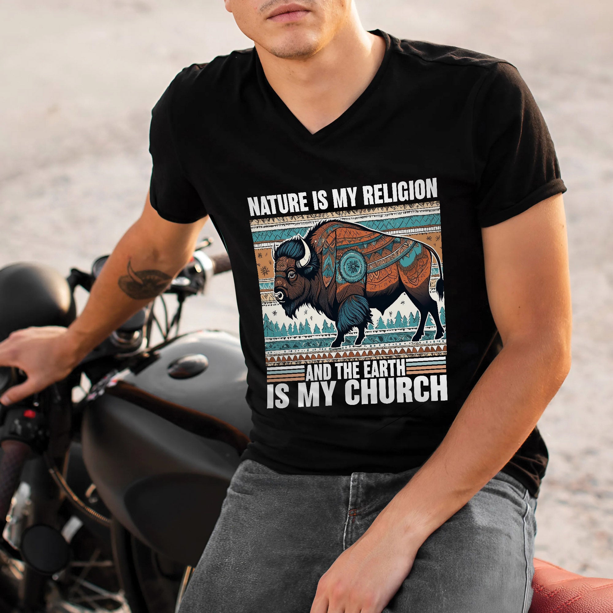 Nature Is My Religion Earth Is My Church Indigenous Bison Art Unisex T-shirt/T-shirt V-Neck/Hoodie/Sweatshirt