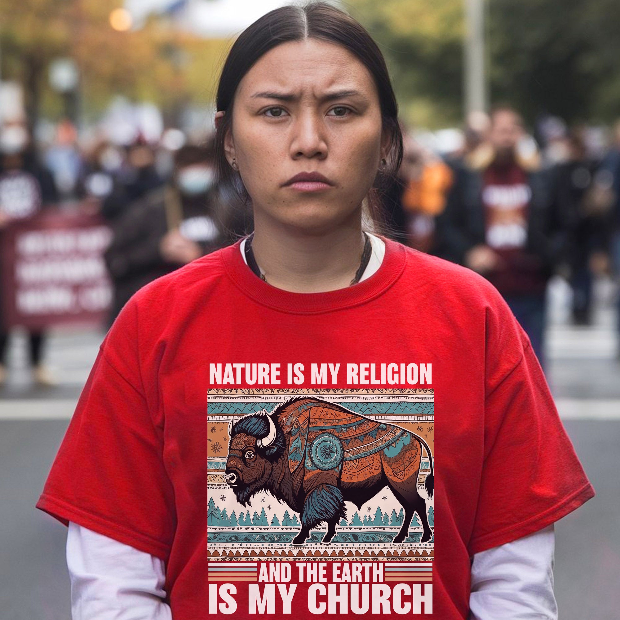 Nature Is My Religion Earth Is My Church Indigenous Bison Art Unisex T-shirt/T-shirt V-Neck/Hoodie/Sweatshirt