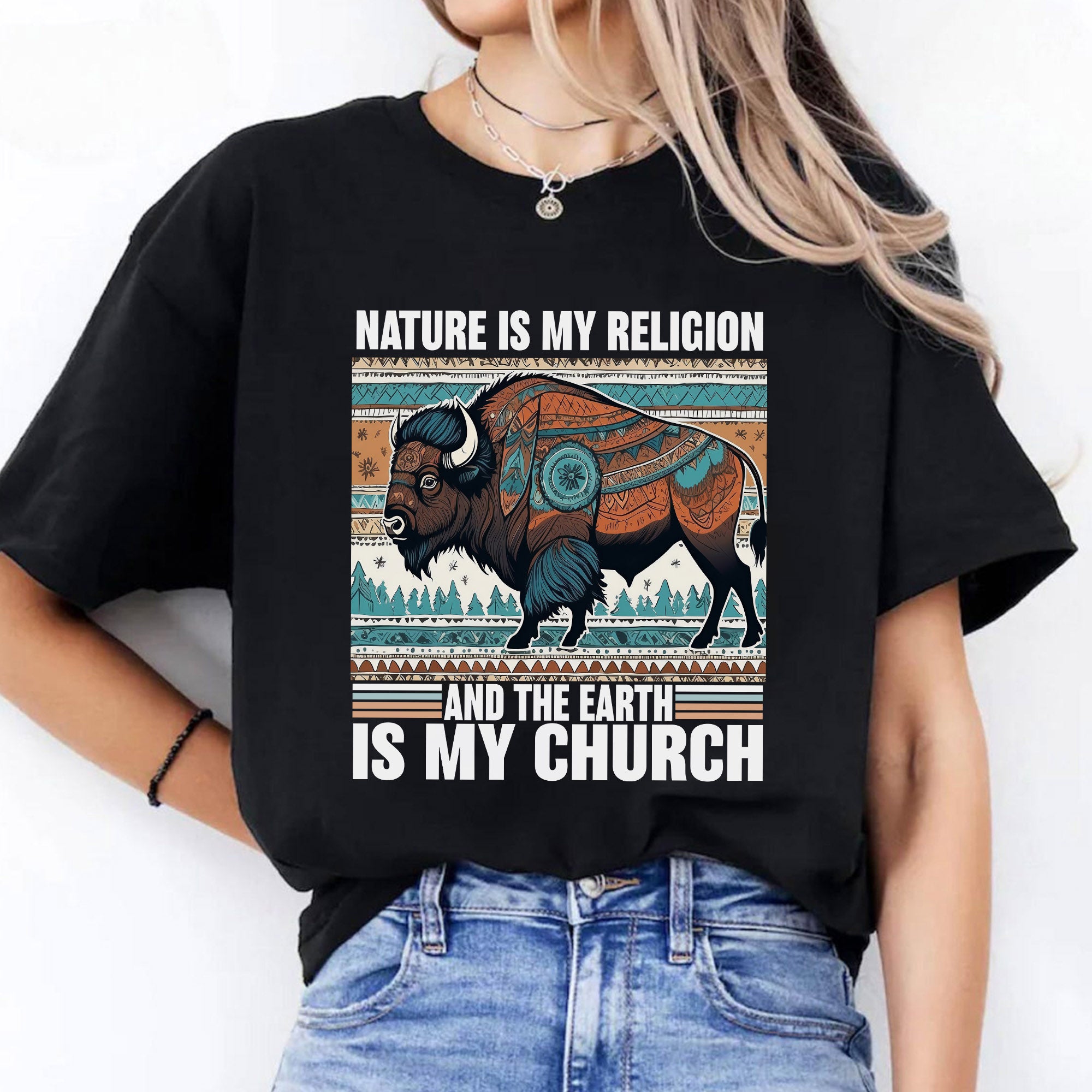 Nature Is My Religion Earth Is My Church Indigenous Bison Art Unisex T-shirt/T-shirt V-Neck/Hoodie/Sweatshirt
