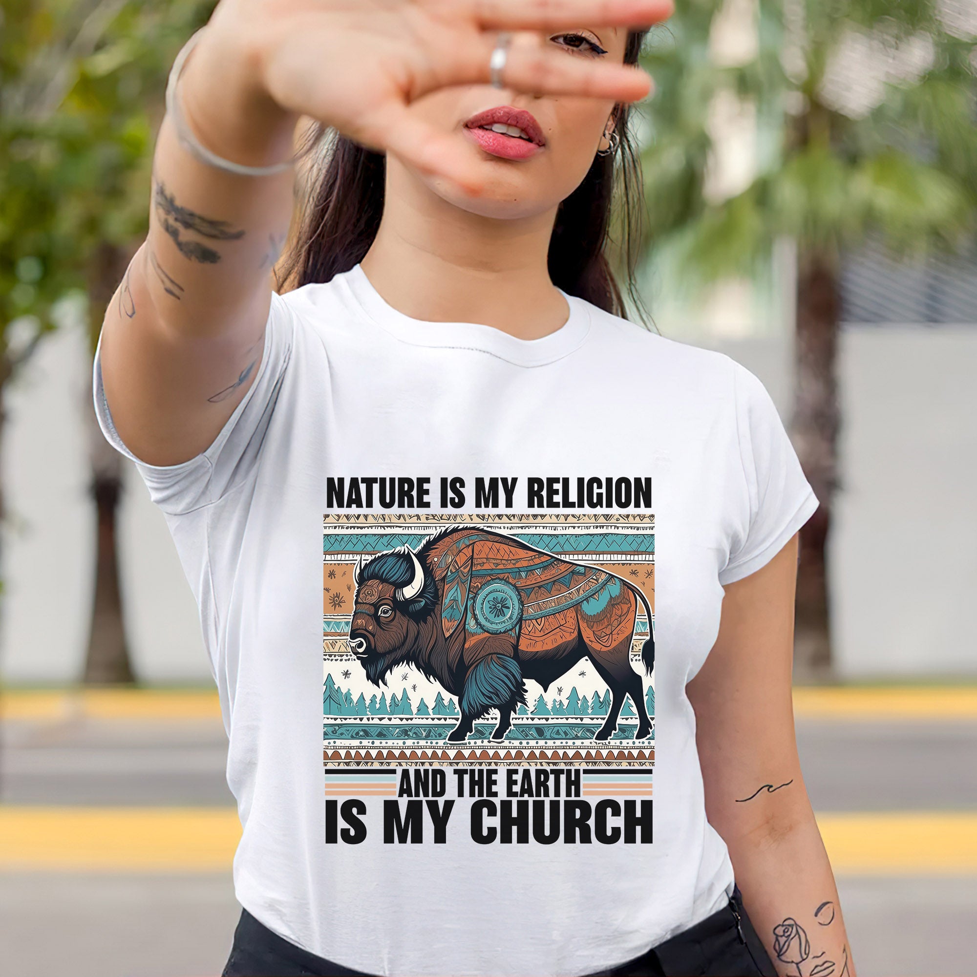 Nature Is My Religion Earth Is My Church Indigenous Bison Art Unisex T-shirt/T-shirt V-Neck/Hoodie/Sweatshirt